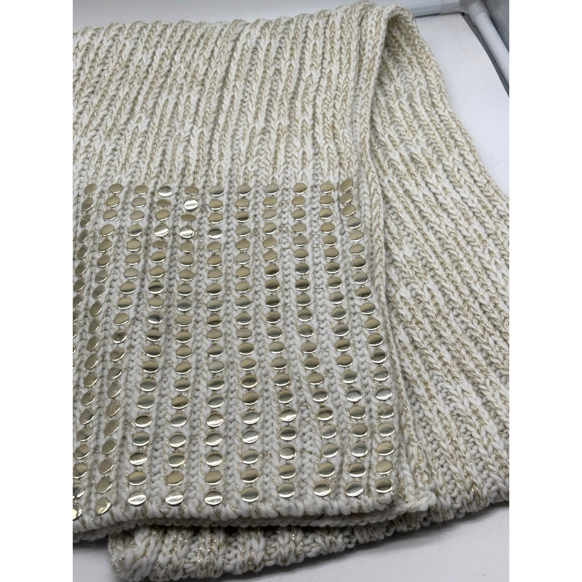 DKNY DKNY Flat-Stud Metallic Rib-Knit Scarf, Ivory/Gold Size ONE SIZE - 5 Thumbnail