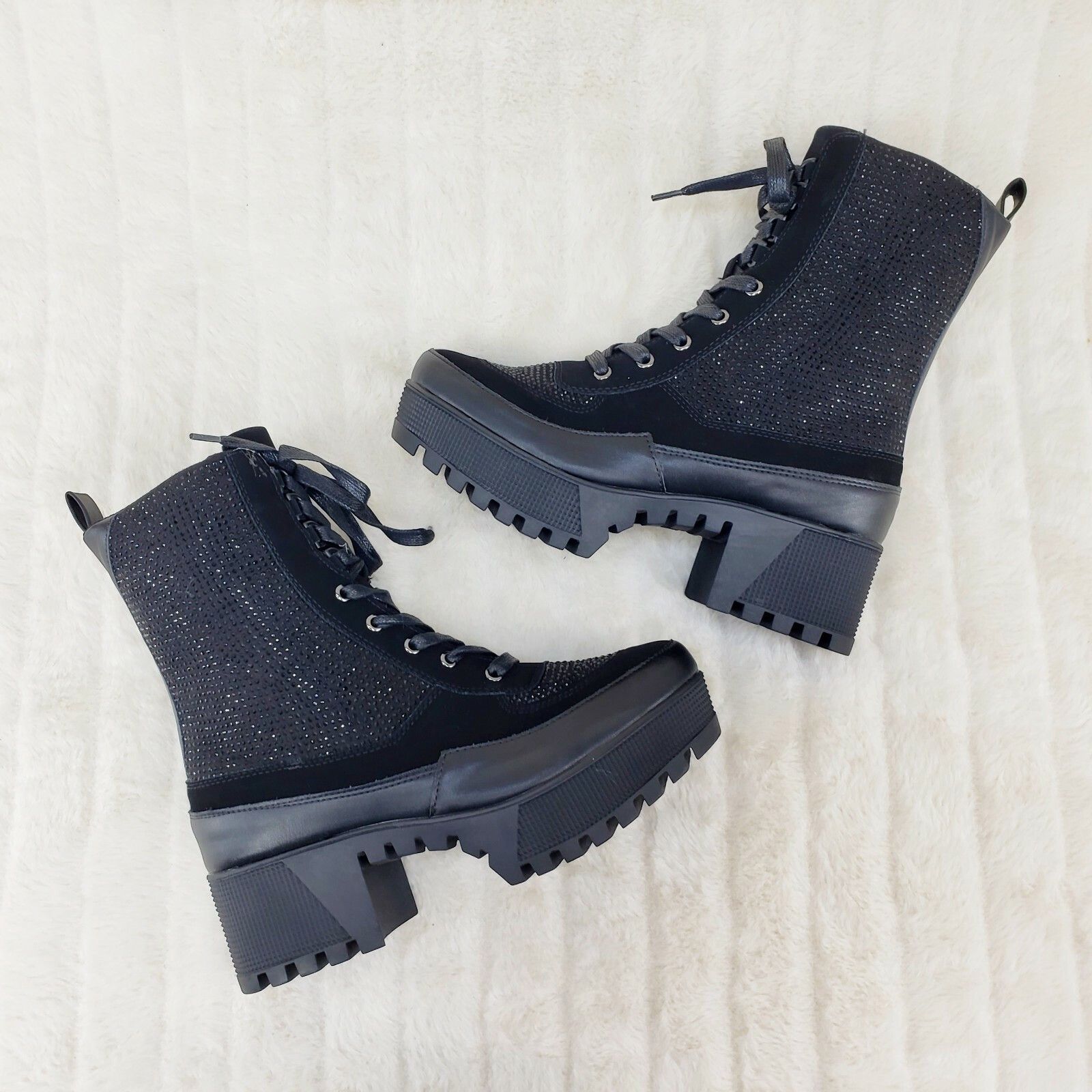 Other Diva Shine Black Rhinestone Lace Up Platform Combat Ankle Bo Size US 8.5 / IT 38.5 - 2 Thumbnail