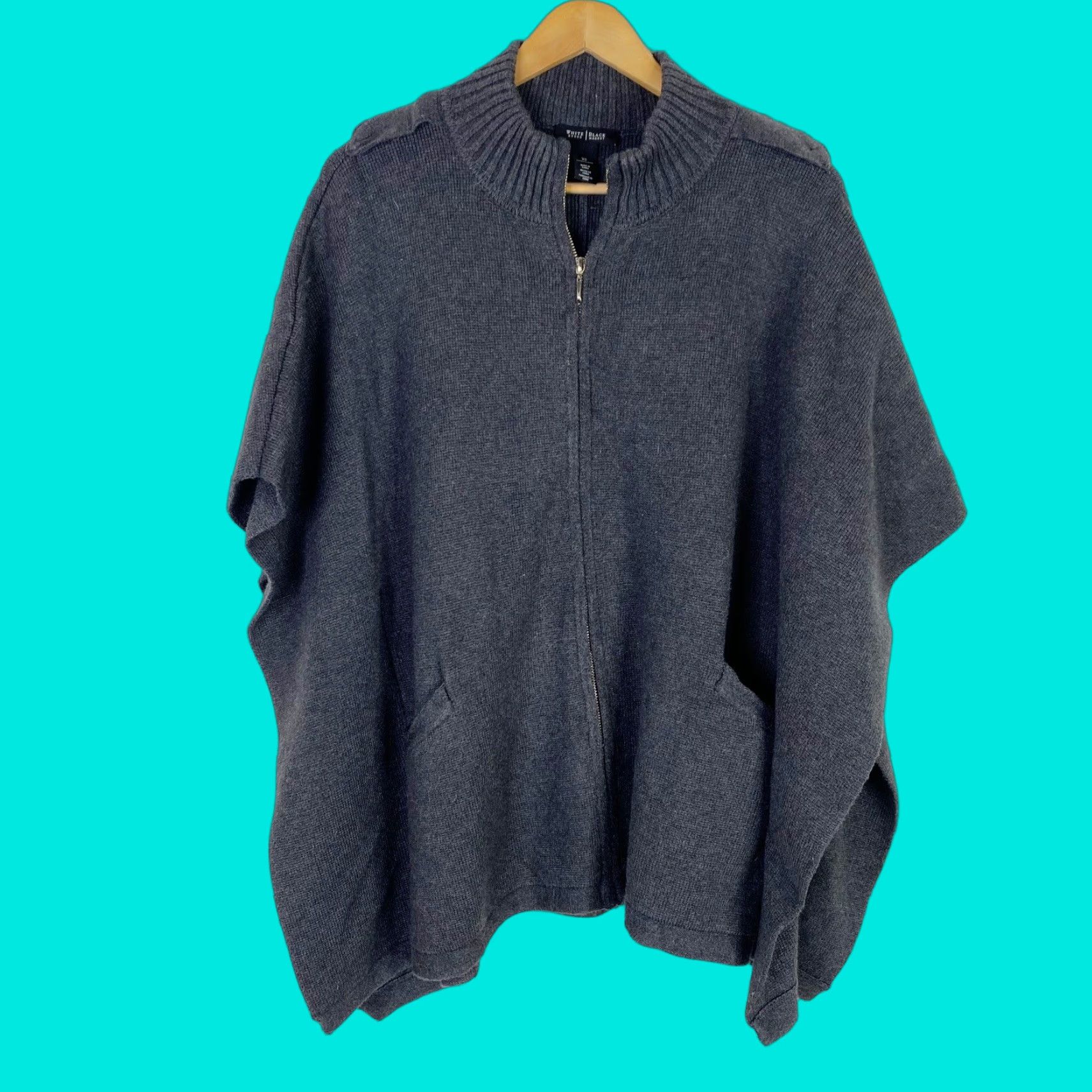 VINTAGE WHBM White House Black Market Sweater Cape XS Women Gray Knit Nylon Blend Pockets Zip Front 40% Nylon 36% Acrylic 24% Rayon Womens