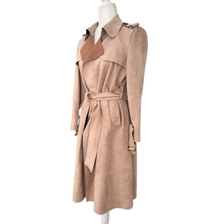 Other Few Moda Women’s Tan Long Faux Suede Trench Coat with Belt Size S / US 4 / IT 40 - 3 Thumbnail