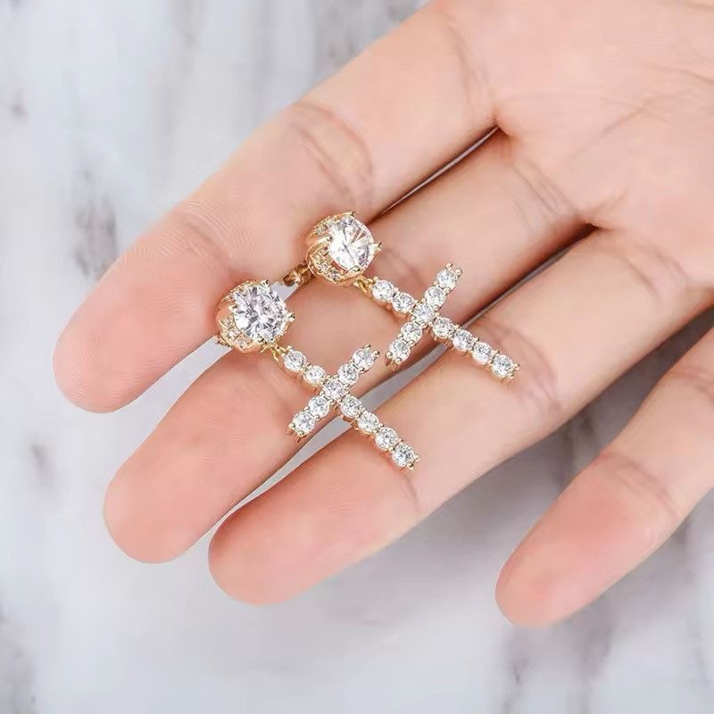 Diamond Earrings x Jewelry Gold Color Cross Stud Earring, Men's