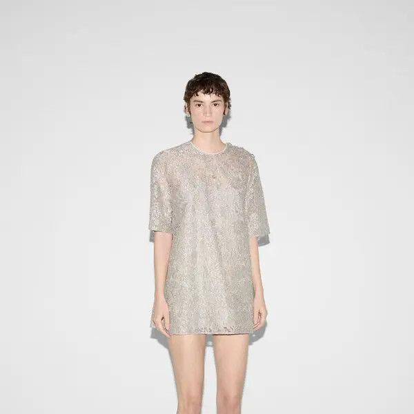Gucci o1B3y1r0426 Floral Lace Lame Short Sleeve Top in Gray Size XS / US 0-2 / IT 36-38 - 3 Thumbnail
