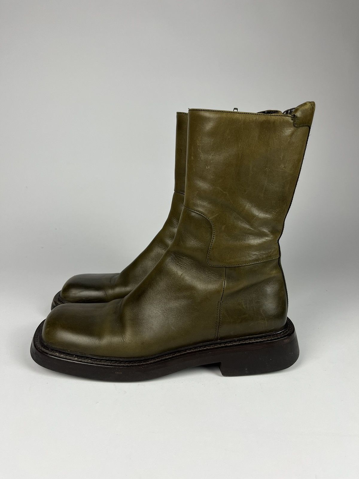 image of Prada Leather Square Toe High Boots Fw 1999 in Kaki, Men's (Size 8.5)