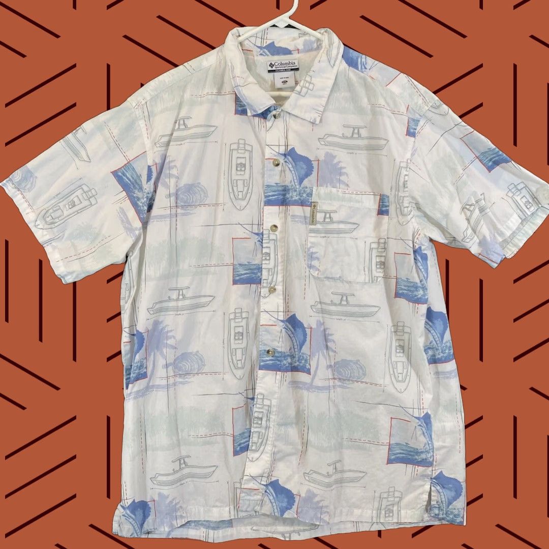 Vintage VINTAGE Columbia Shirt Men 2XL Short Sleeve Button-Up Cotton White Blue Fish Boat Sport Size US XXL / EU 58 / 5 - 1 Thumbnail