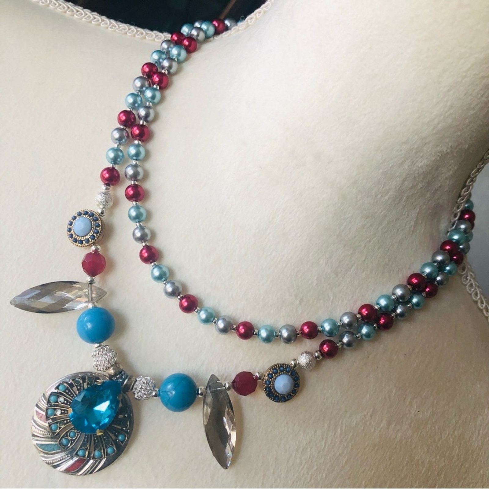 Handcrafted repurpose double strand turquoise Pearl necklac