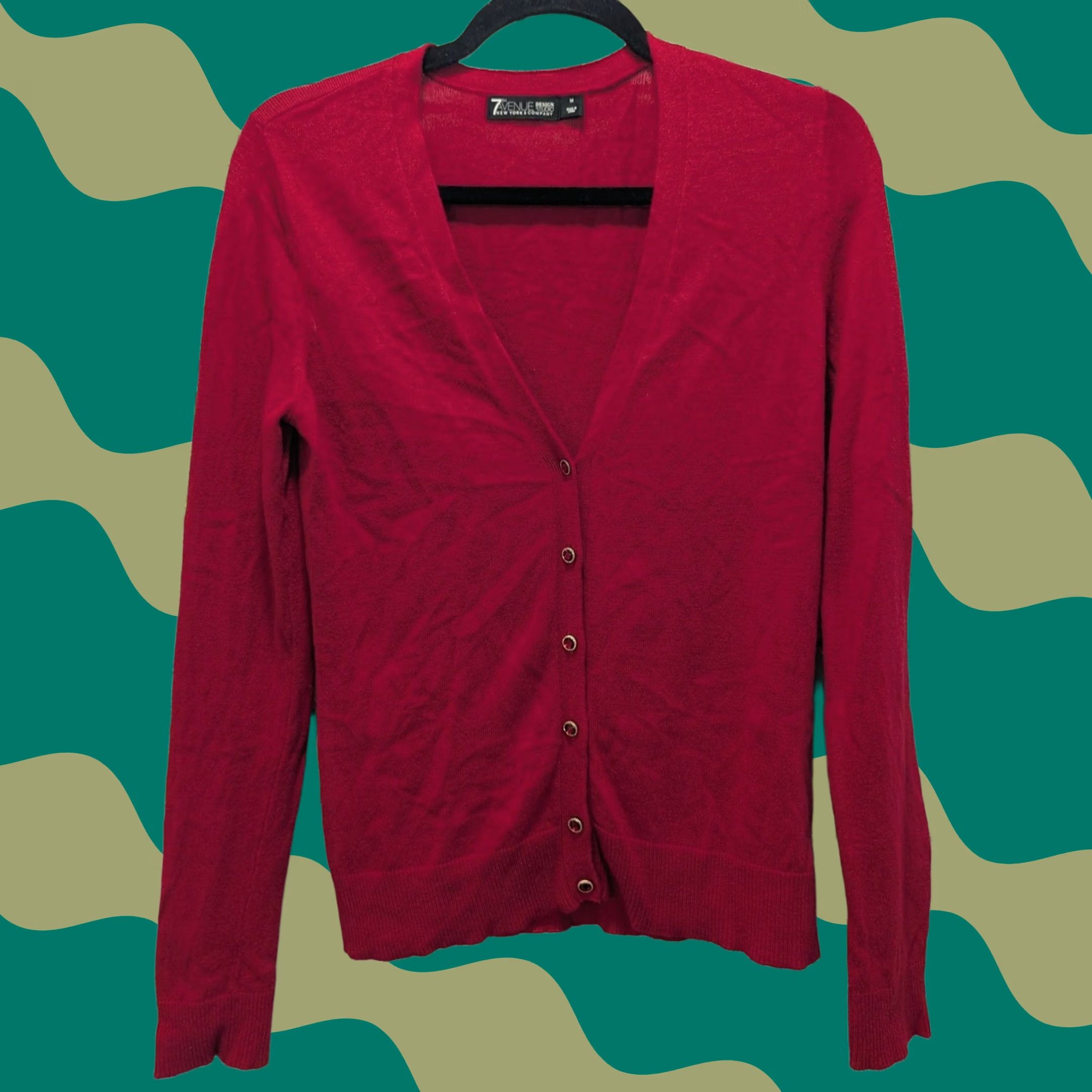 Vintage 7th Avenue NY & Co Red V-Neck Cardigan Sweater Womens M Jewel Button Front Lightweight Knit Casual Workwear Size M / US 6-8 / IT 42-44 - 1 Thumbnail