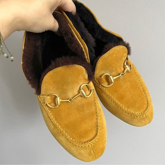 Gucci Gucci Mustard Suede Sheepskin Lined Slippers - 5, fits SMALL Size US 5 / IT 35 - 2 Thumbnail