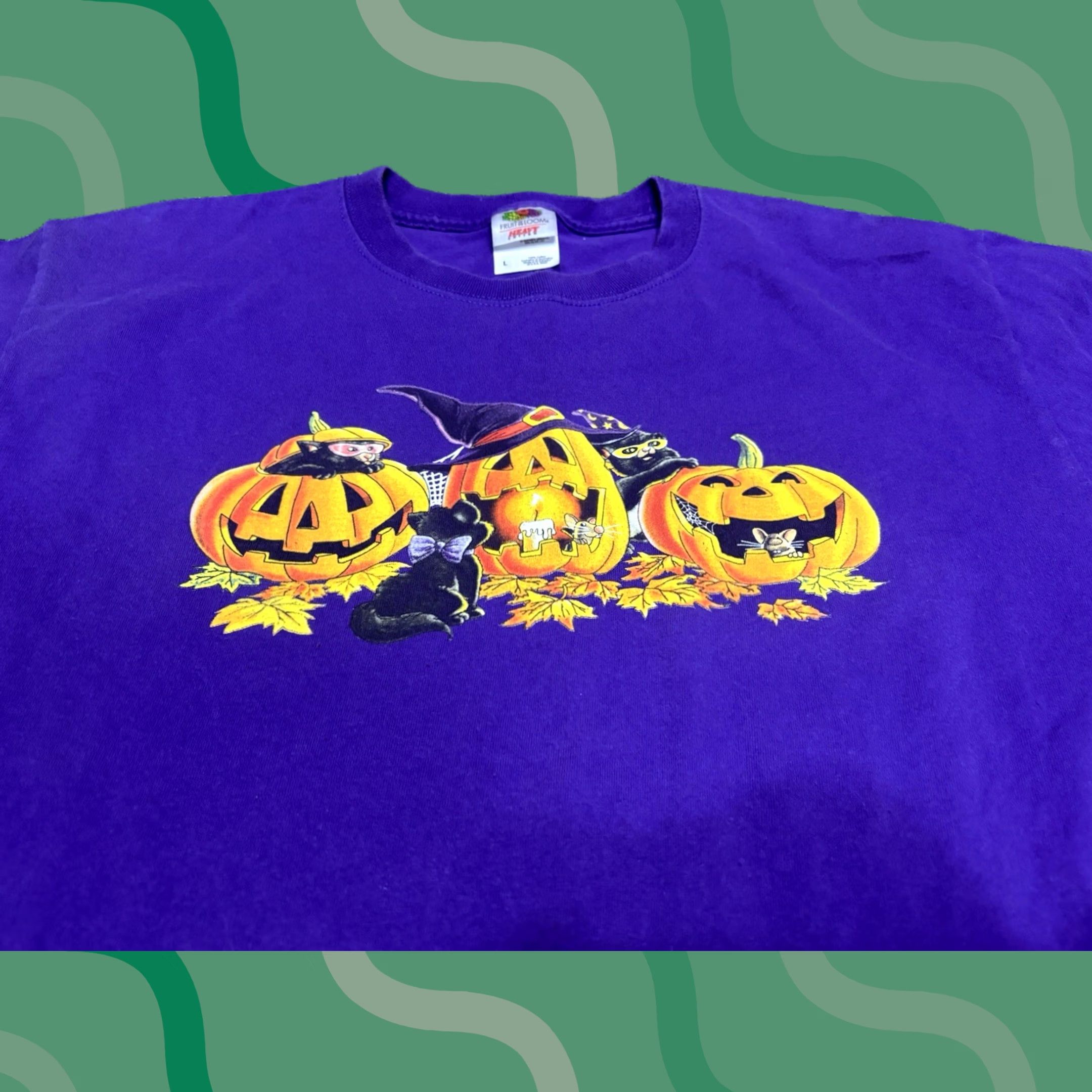 Fruit Of The Loom Vintage Fruit of the Loom Shirt Large Purple Cat Pumpkin Graphic Halloween Crew Neck Men Short Sleeve T-Shirt P3 Size US L / EU 52-54 / 3 - 1 Thumbnail
