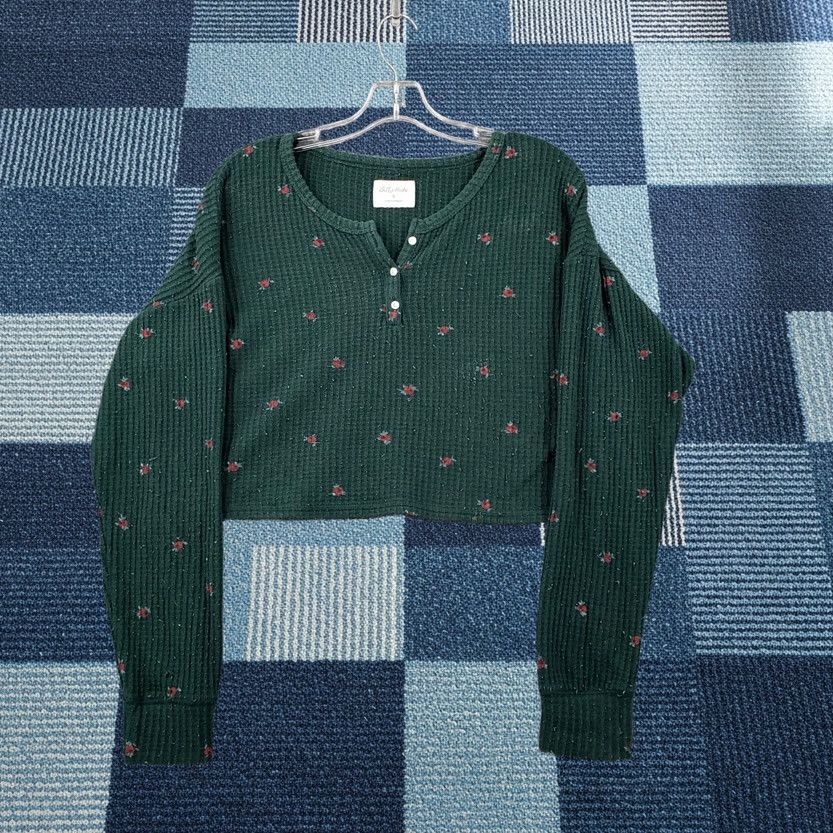 Vintage Gilly Hicks T-Shirt Womens S Small Green Crop Floral Thermal Henley Long Sleeves Size S / US 4 / IT 40 - 1 Thumbnail