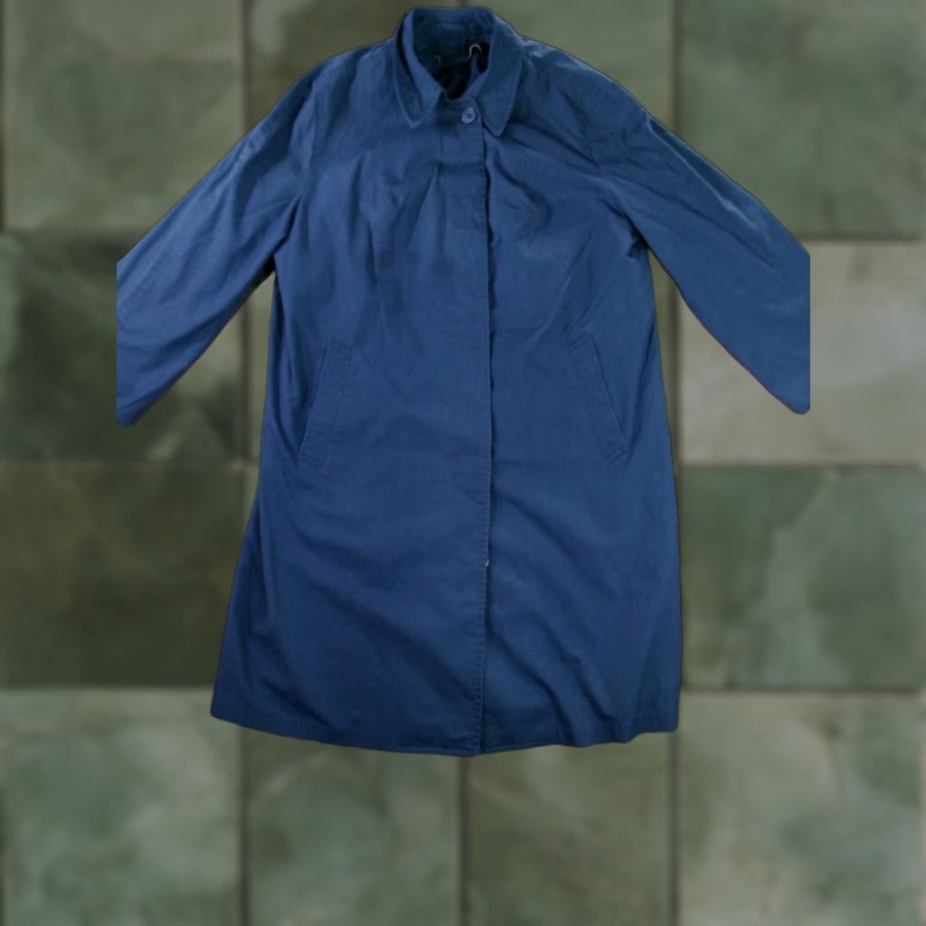 VINTAGE London Fog Coat Trench Women 12P Blue Long Belted Pockets 80s 90s USA Womens