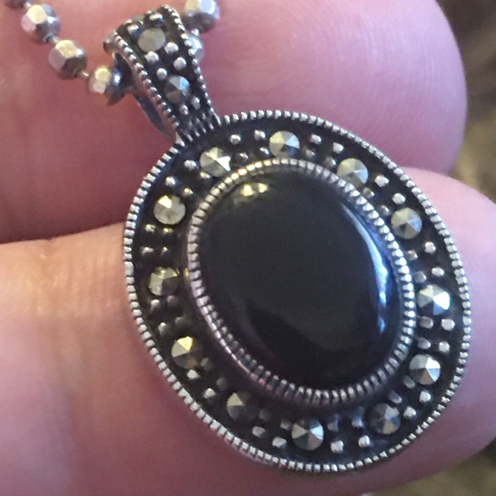 Vintage Vintage 80s black onyx marcasite pendant on chain Size ONE SIZE - 6 Thumbnail