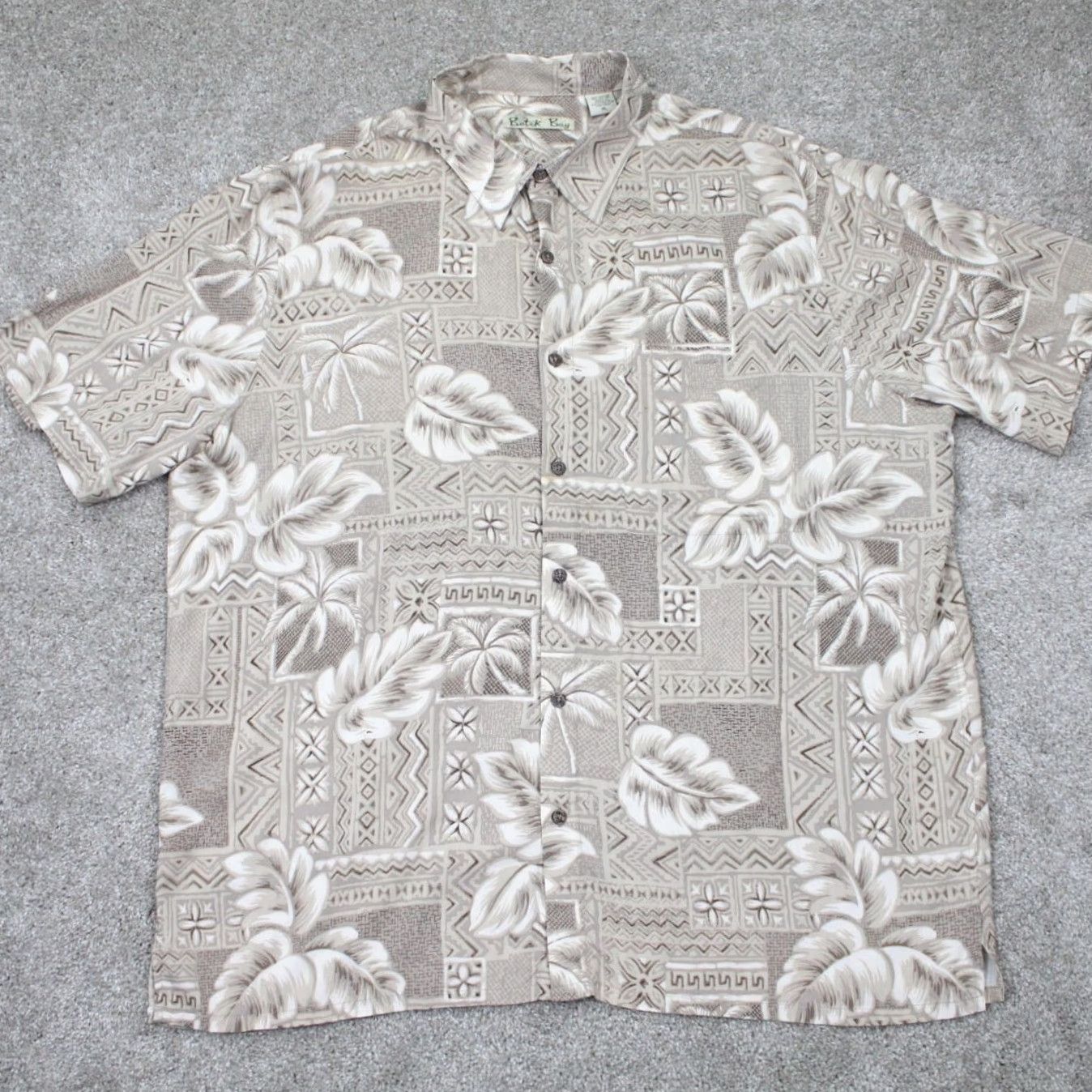 Vintage Batik Bay Mens XL Batik Bay Hawaiian Shirt Tan Floral Geometric 100% Rayon S/S Button Up Size US XL / EU 56 / 4 - 2 Thumbnail