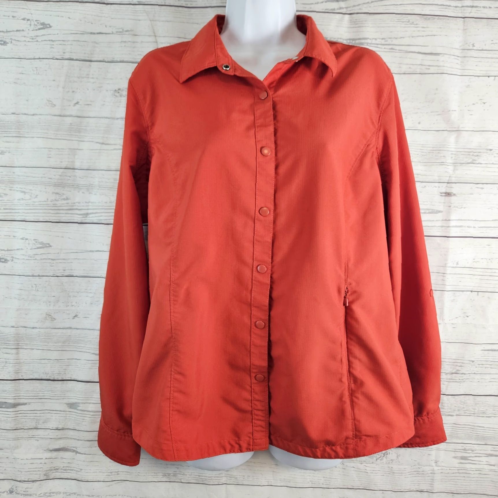 Vintage Duluth Shirt Womens Button-Up Long Sleeve Zip Pocket Orange/Red L (Large) - Snap, Collared, Polyester, Pockets, Vintage? No Size L / US 10 / IT 46 - 2 Thumbnail
