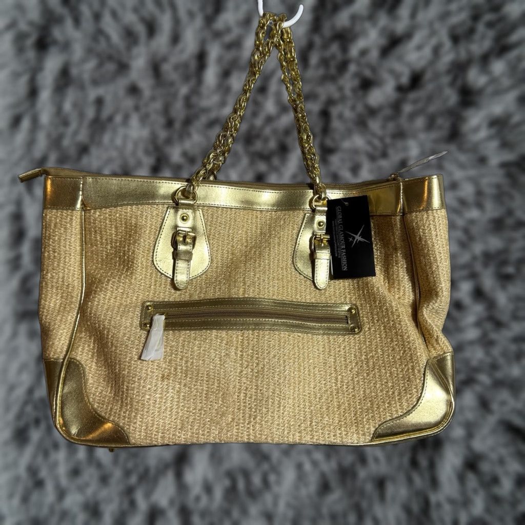 Vintage Y2K Boho Chic Woven Tote Bag Womens Gold Sparkly Metallic Chain Strap Tote Bag Size ONE SIZE - 1 Thumbnail