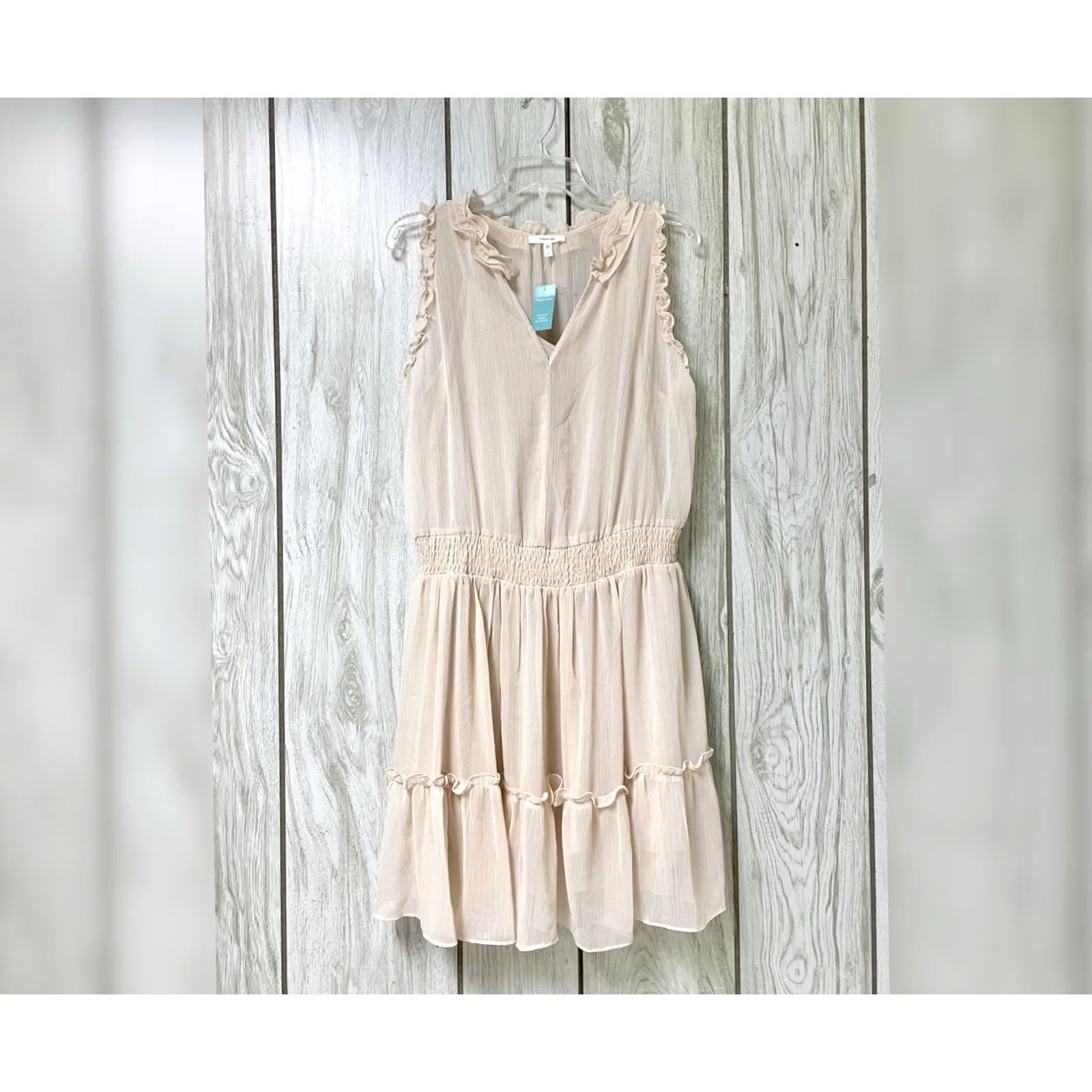 Vintage Maurices Women Beige Sheer Overlay Ruffle Trim V-Neck Sleeveless Skater Dress L Size L / US 10 / IT 46 - 3 Thumbnail