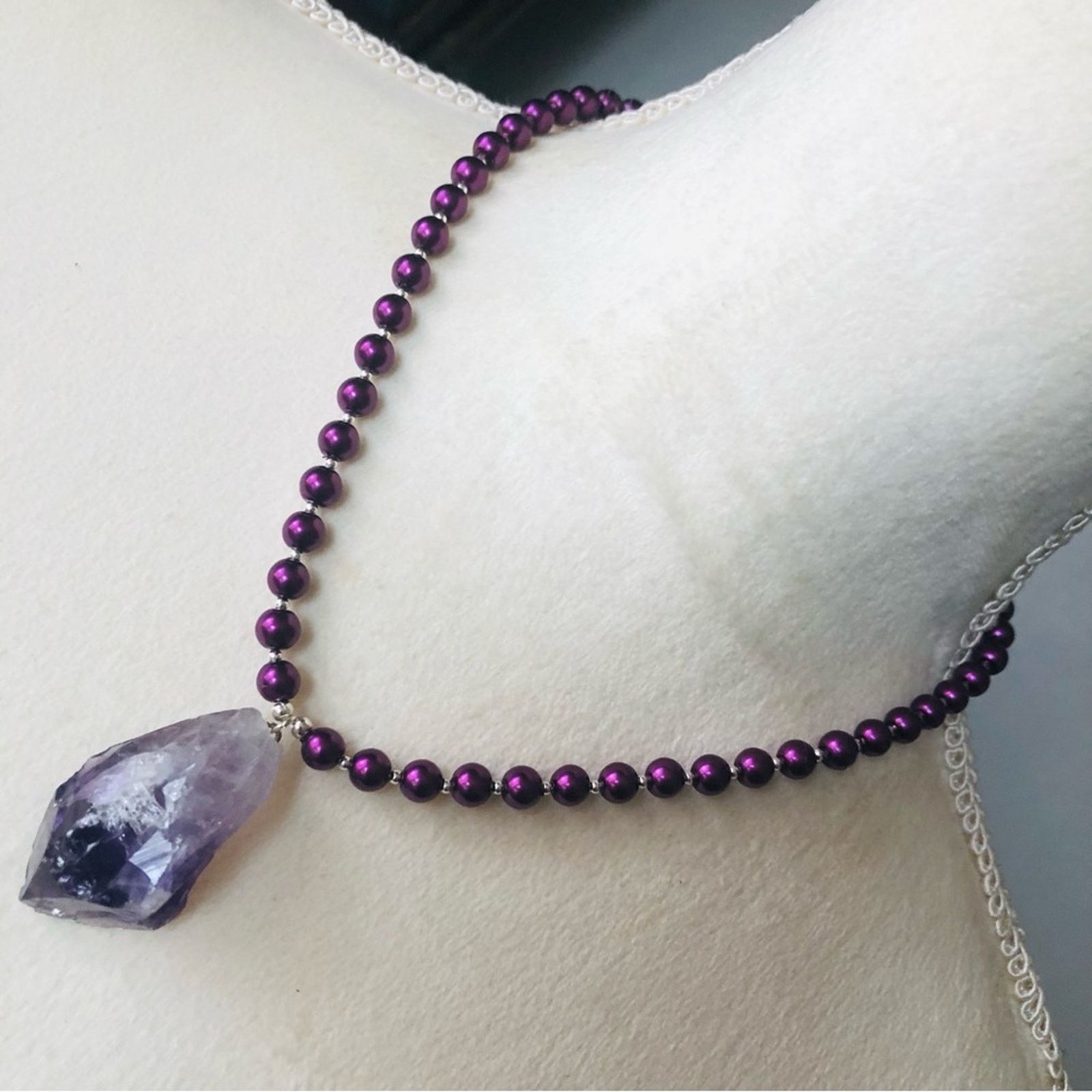 Handmade Handcrafted repurpose genuine amethyst slab Pearl necklace Size ONE SIZE - 1 Thumbnail