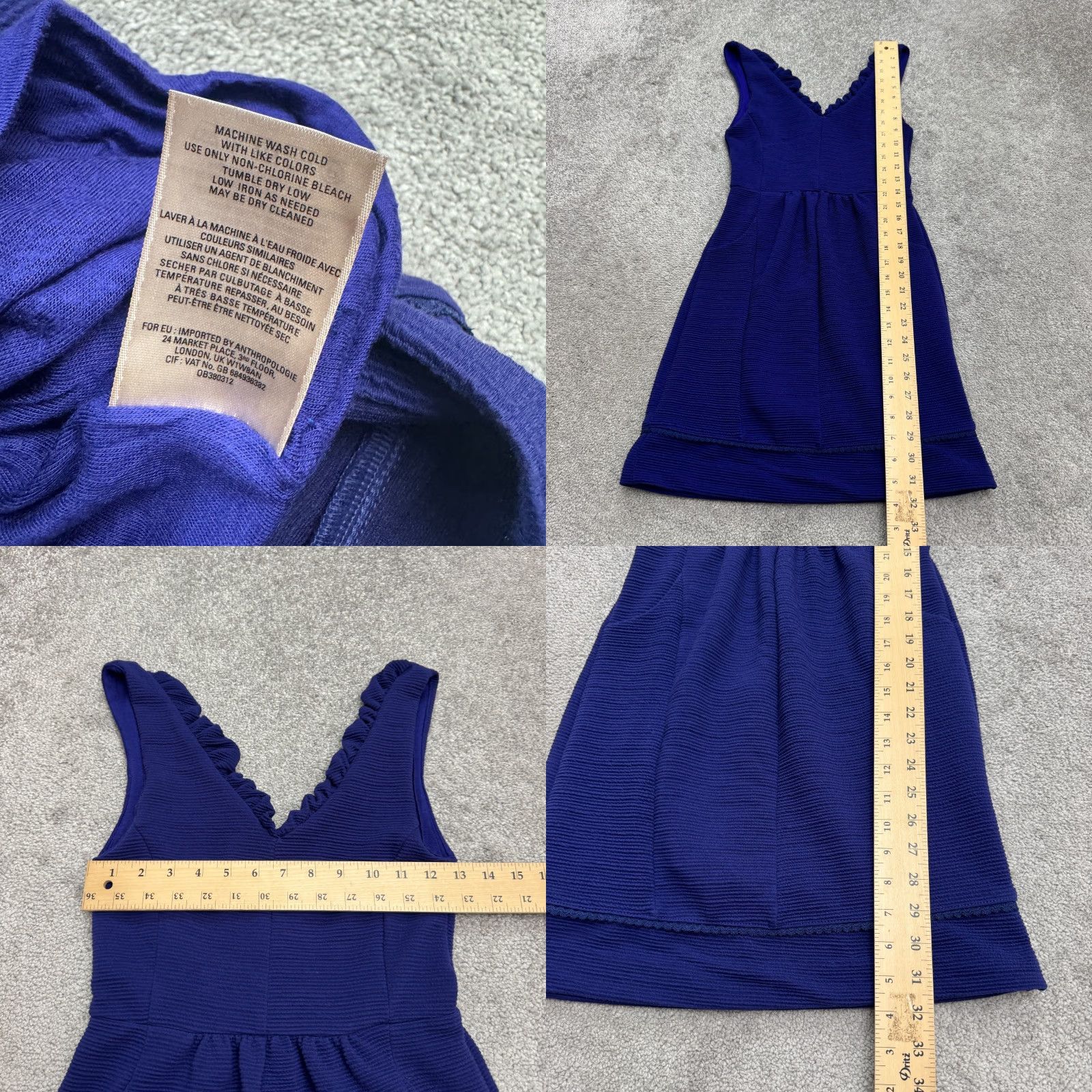 Anthropologie Maeve Anthropologie V-Neck Mini Sheath Dress Womens XS Blue Ruffle Hem Sleeveless Knit Polyester Spandex Casual Workwear Solid Short Dress Size XS / US 0-2 / IT 36-38 - 8 Thumbnail
