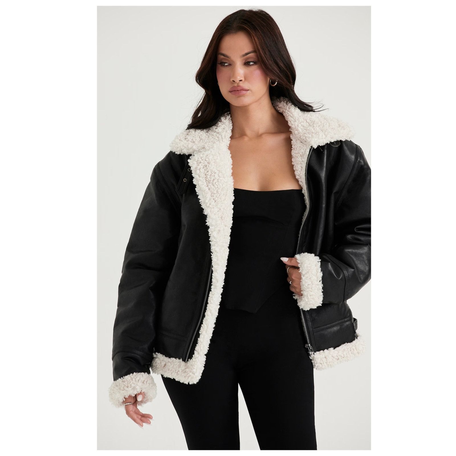 House of CB HOUSE OF CB Madden Faux Leather Jacket Faux Shearling (S) Size S / US 4 / IT 40 - 3 Thumbnail