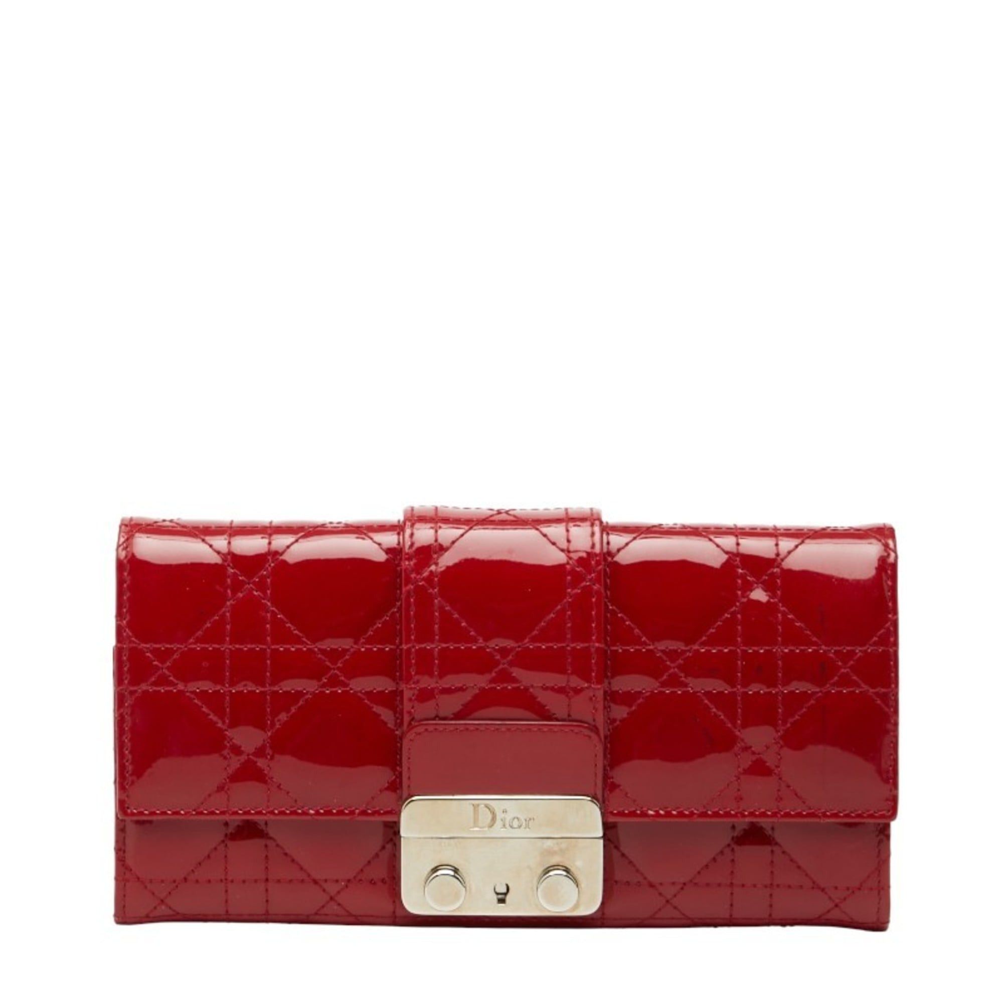 Christian Dior Dior Cannage Long Wallet Red Patent Leather Women's