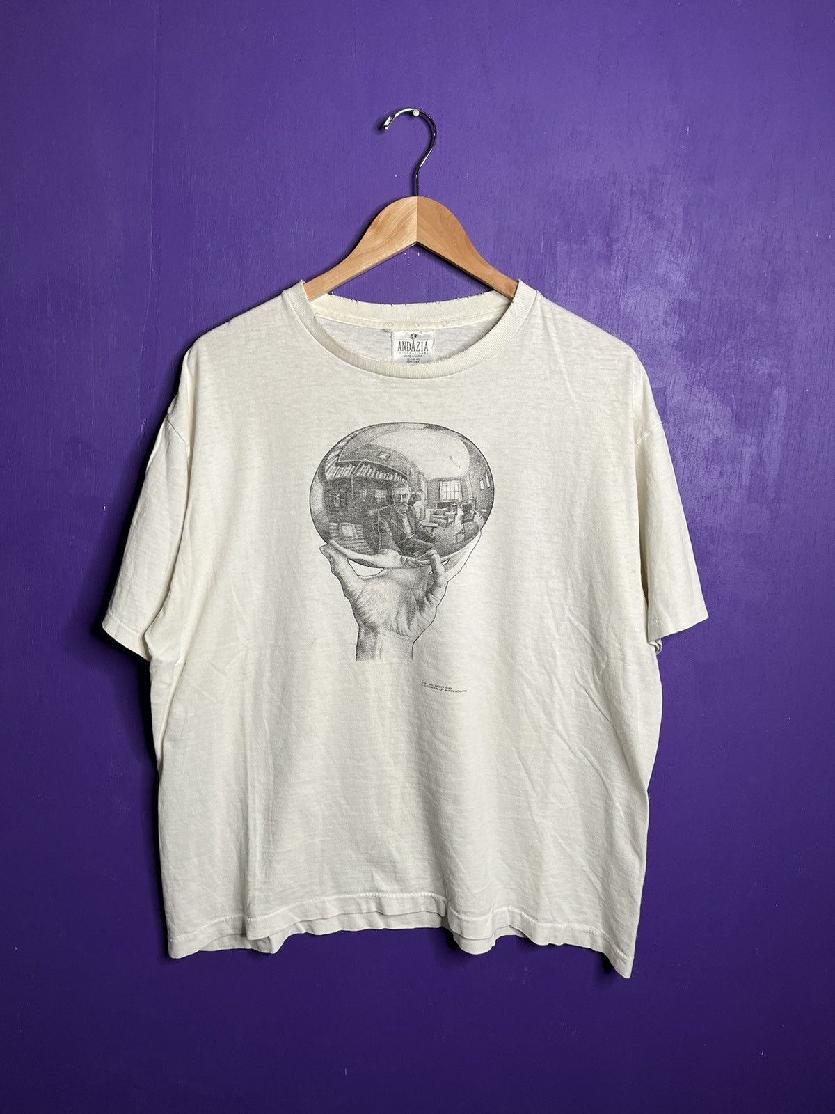 image of Vintage 1991 Mc Escher Holding A Orb Art T-Shirt in White, Men's (Size XL)