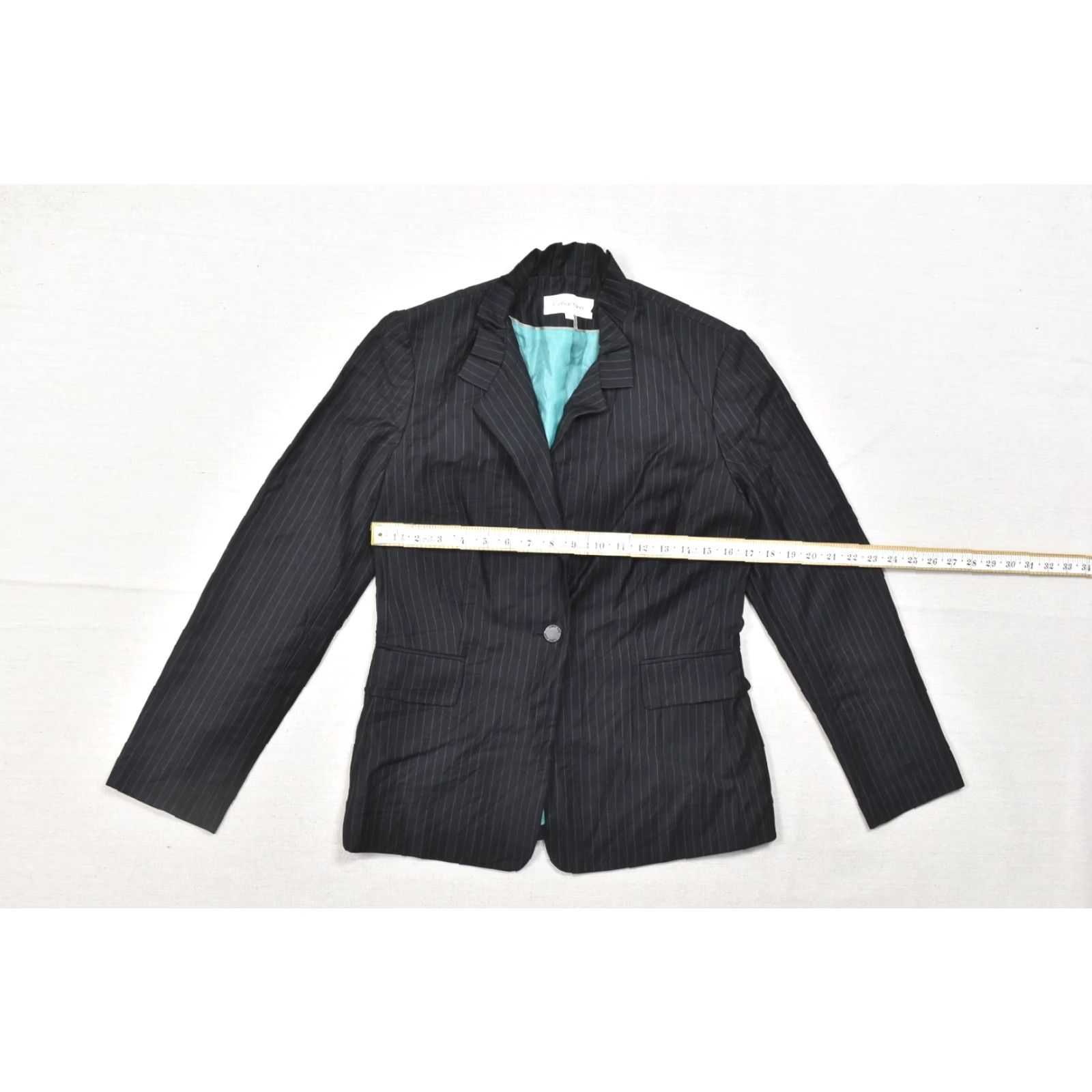 Calvin Klein Calvin Klein Blazer Women Size 6 Black Pinstripe Single Button Teal Lining Pro Medium-Length" Size M / US 6-8 / IT 42-44 - 3 Thumbnail