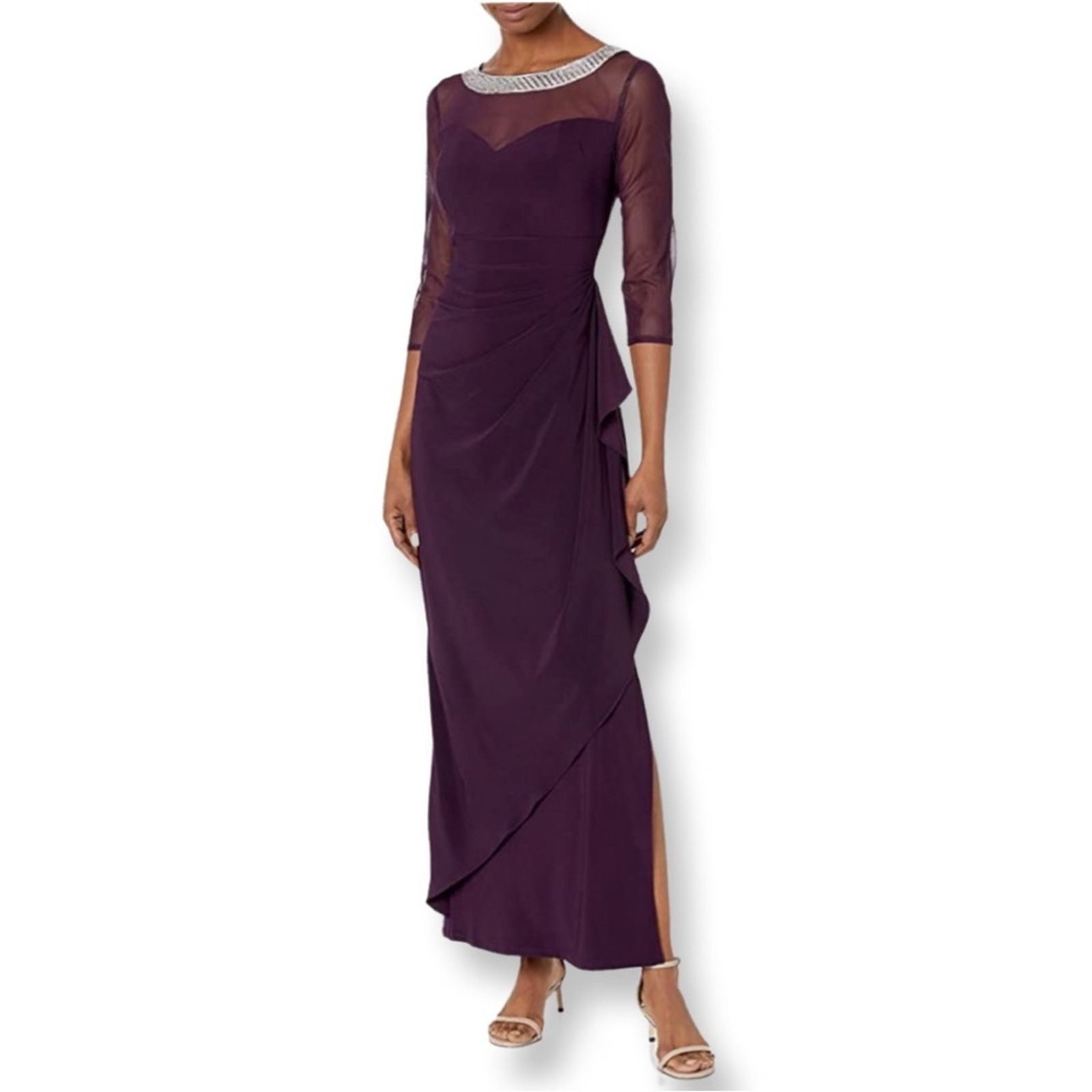 Alex Evenings Long Maxi Dress Illusion Neck Line In Eggplant