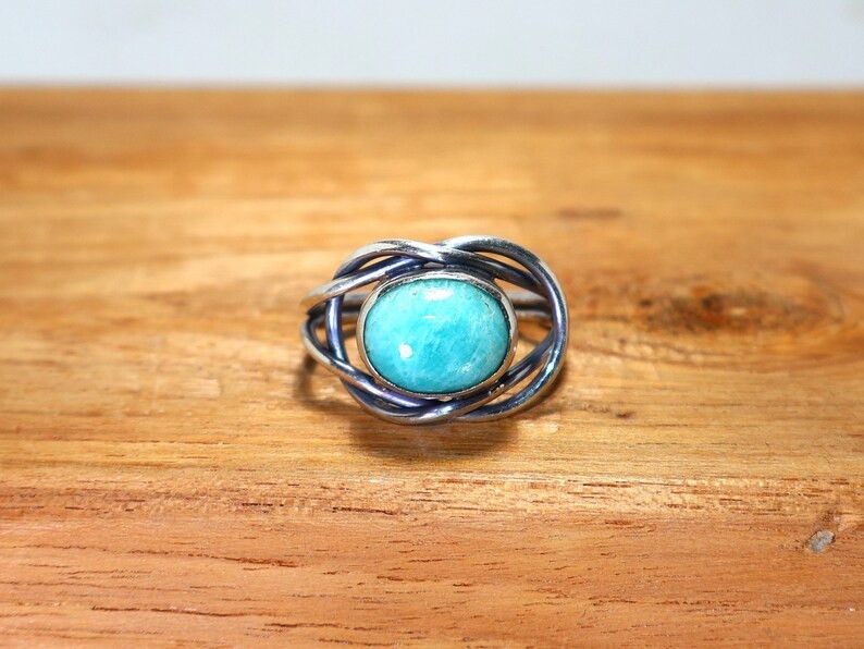 Handmade Amazonite Ring: 925 Silver Knot, Blue Gemstone Jewelry Size ONE SIZE - 1 Thumbnail