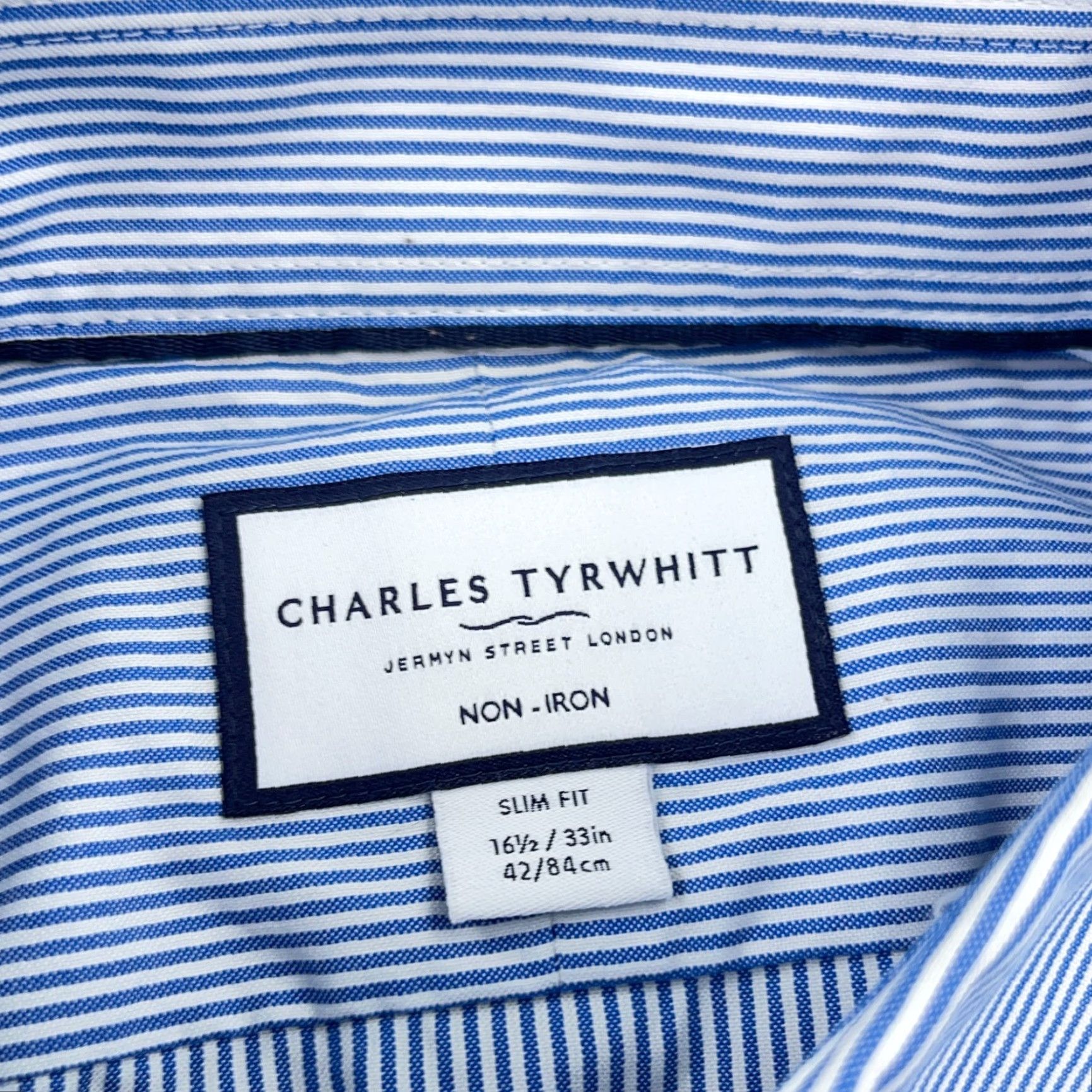 Charles Tyrwhitt Charles Tyrwhitt Shirt Men 16.5 33 Slim Button-Up Striped Poplin Blue Cotton Knit? (Correction) Size 46R - 3 Thumbnail