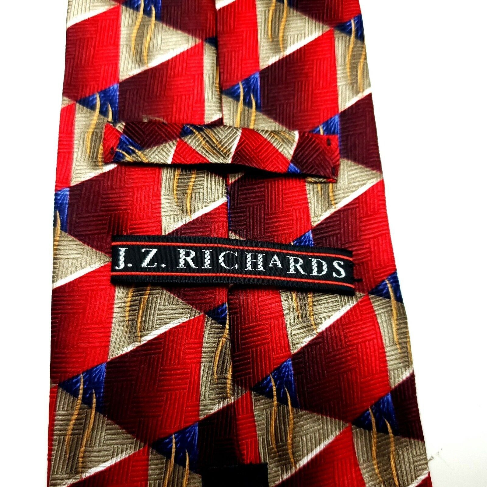 Designer JZ Richards Silk Tie Print Red Geometric Wide Hand Made Size ONE SIZE - 3 Thumbnail