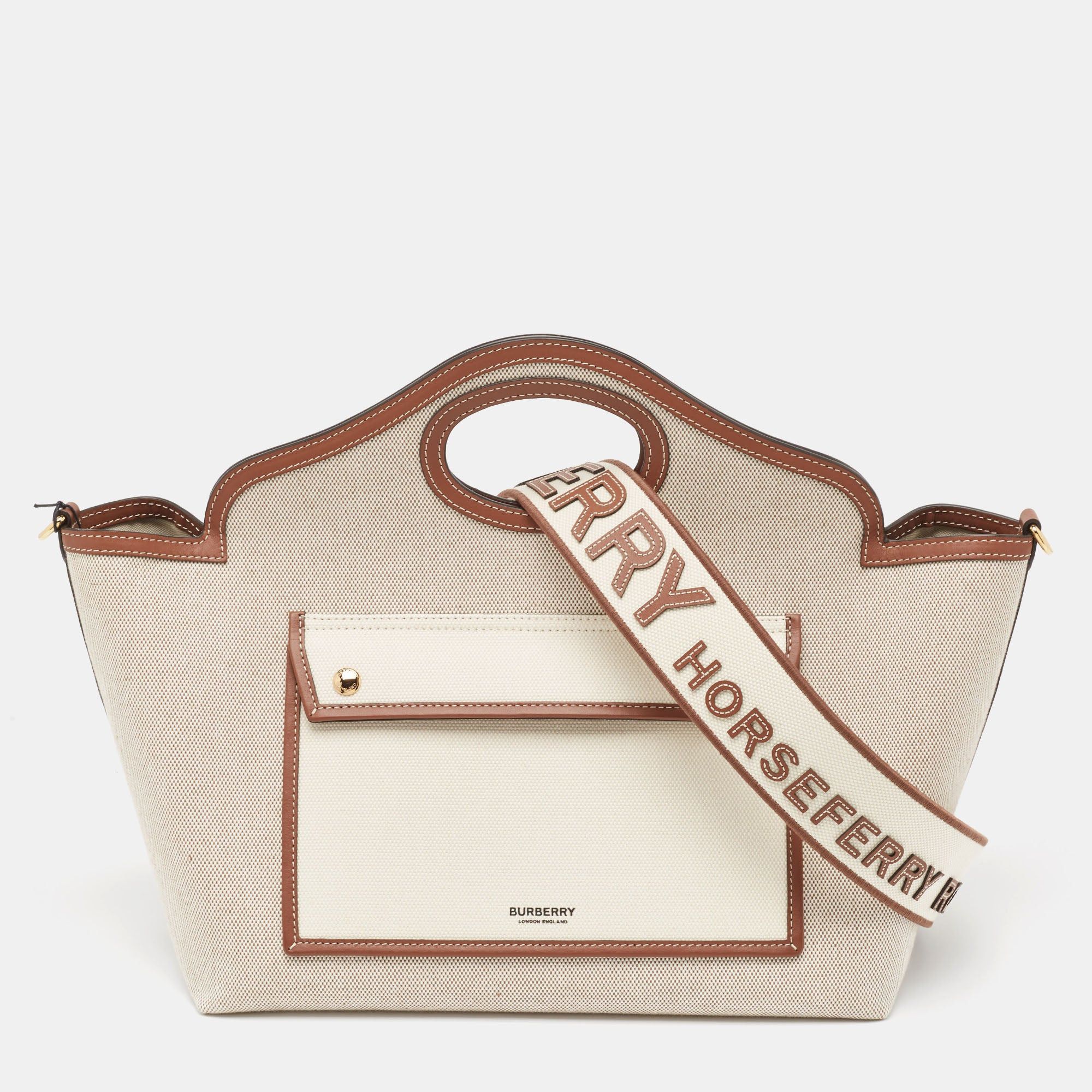 image of Burberry Beige/brown Canvas And Leather Small Soft Pocket Tote in White, Women's