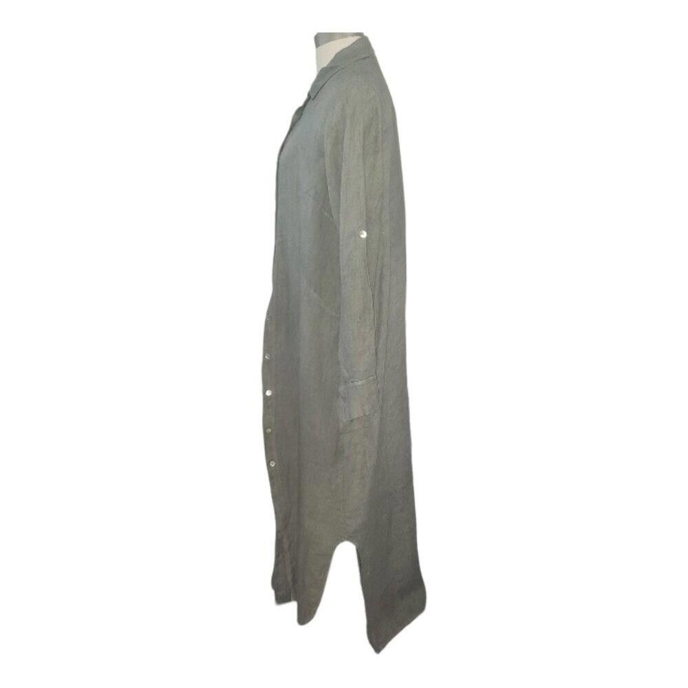 Designer CT1611 Made in Italy Olive Green Linen Long Sleeve Dress M Size M / US 6-8 / IT 42-44 - 4 Thumbnail