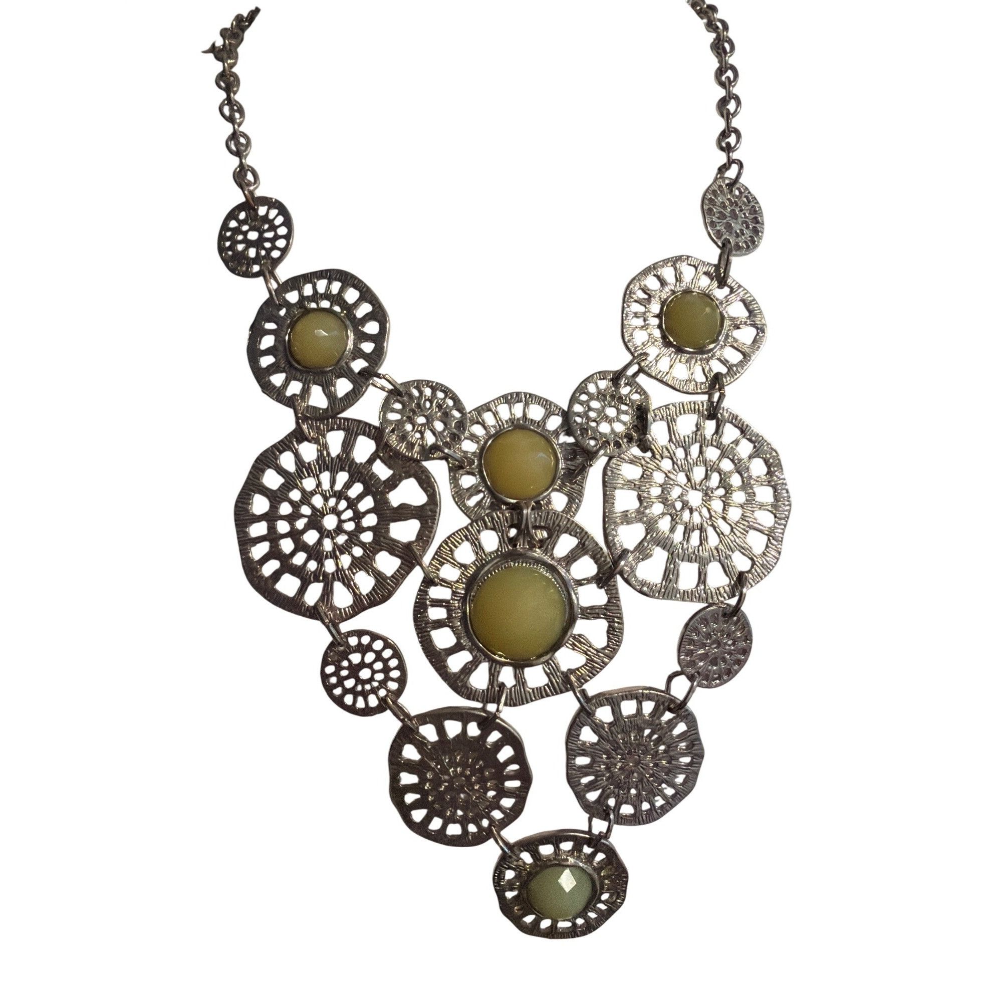 Other Vintage Silver Tone Statement Bib Necklace Green Bead Accent Size ONE SIZE - 1 Thumbnail