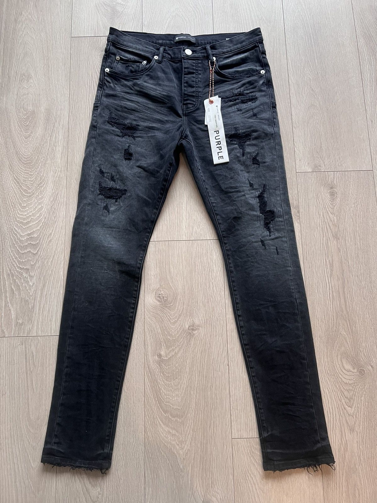 image of Purple Vintage NWT Purple Brand Quilted Destroyed Pocket Black Jeans Denim, Men's (Size 32)