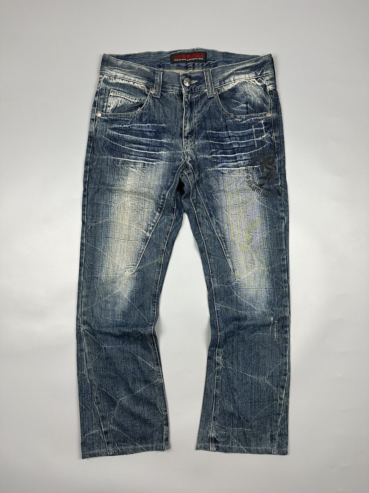 If Six Was Nine Distressed Flared Denim Jack Serika Britain Skull Bones Size US 34 / EU 50 - 2 Thumbnail