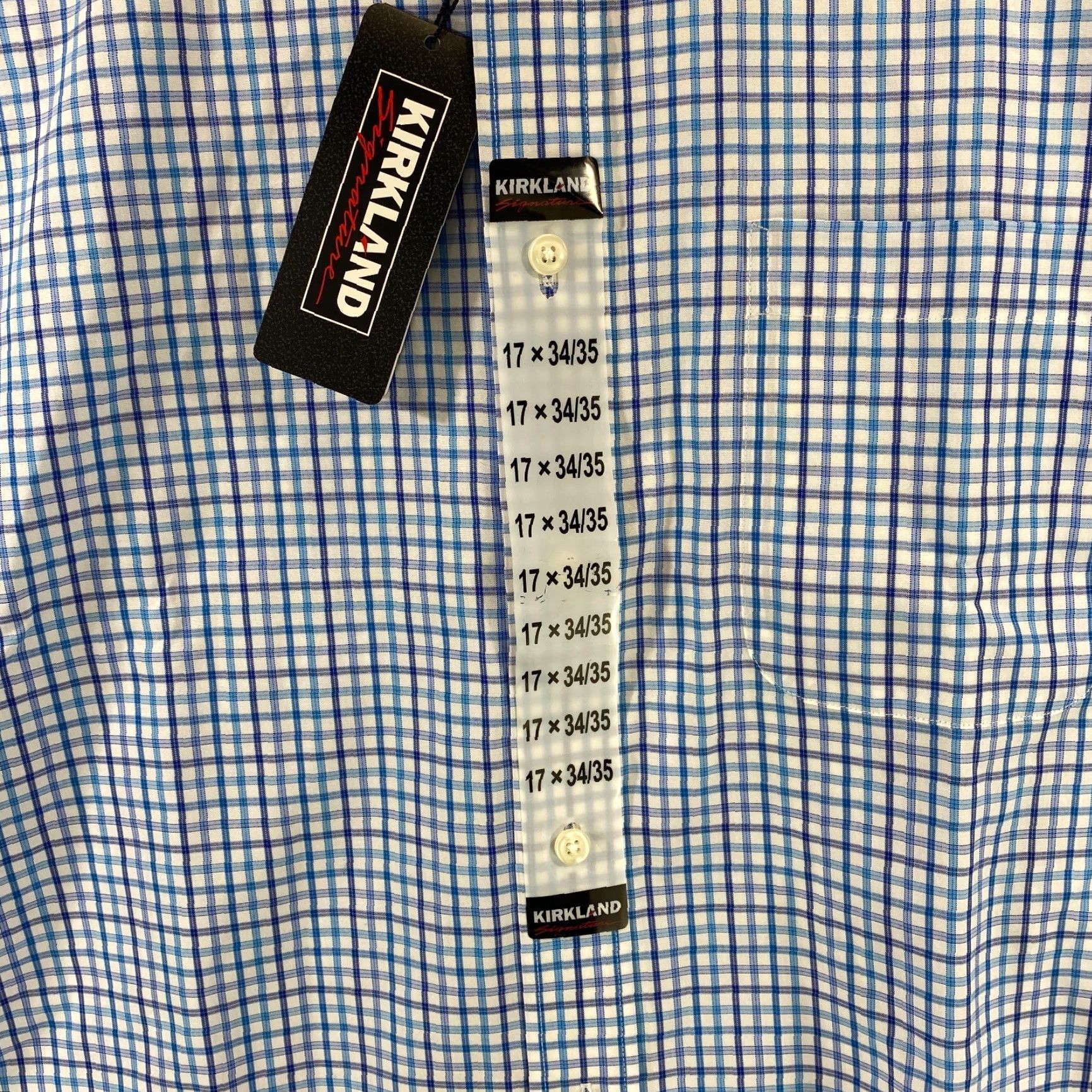Vintage Kirkland Signature Mens XL 17 34/35 Non-Iron Dress Shirt Wrinkle Free NWT White/Blue Check 100% Cotton Button-Down Collar 17 Neck Size 46R - 3 Thumbnail