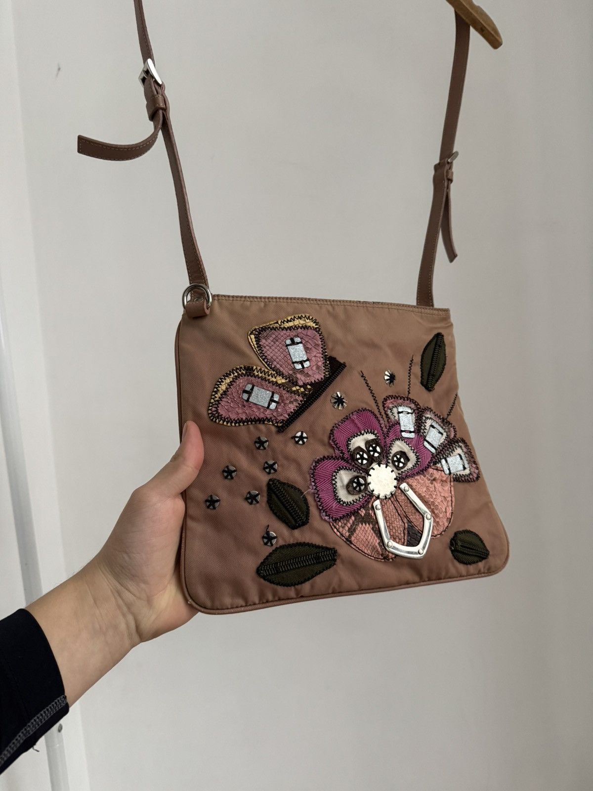 Prada PRADA Nylon Shoulder Bag Floral Applications Triangle Logo Size ONE SIZE - 15 Thumbnail