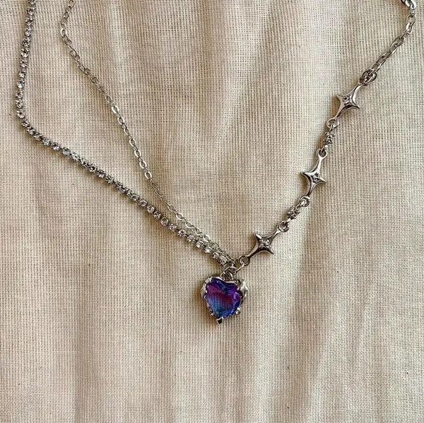 Jewelry y2k 2000s choker heart crystal star pendant silver necklace Size ONE SIZE - 1 Thumbnail
