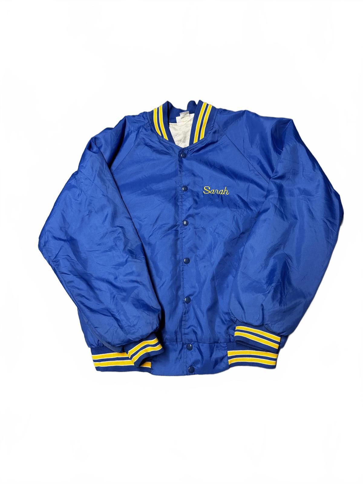 Designer Blue Satin Varsity Jacket with Sarah Embroidery Size L / US 10 / IT 46 - 2 Thumbnail