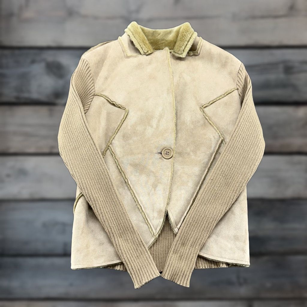 Vintage VINTAGE Questions Jacket Womens M Brown Faux Suede Fur Polyester Ribbed Knit 90s Bomber Hooded Button Long Sleeve Z2K Size M / US 6-8 / IT 42-44 - 1 Thumbnail