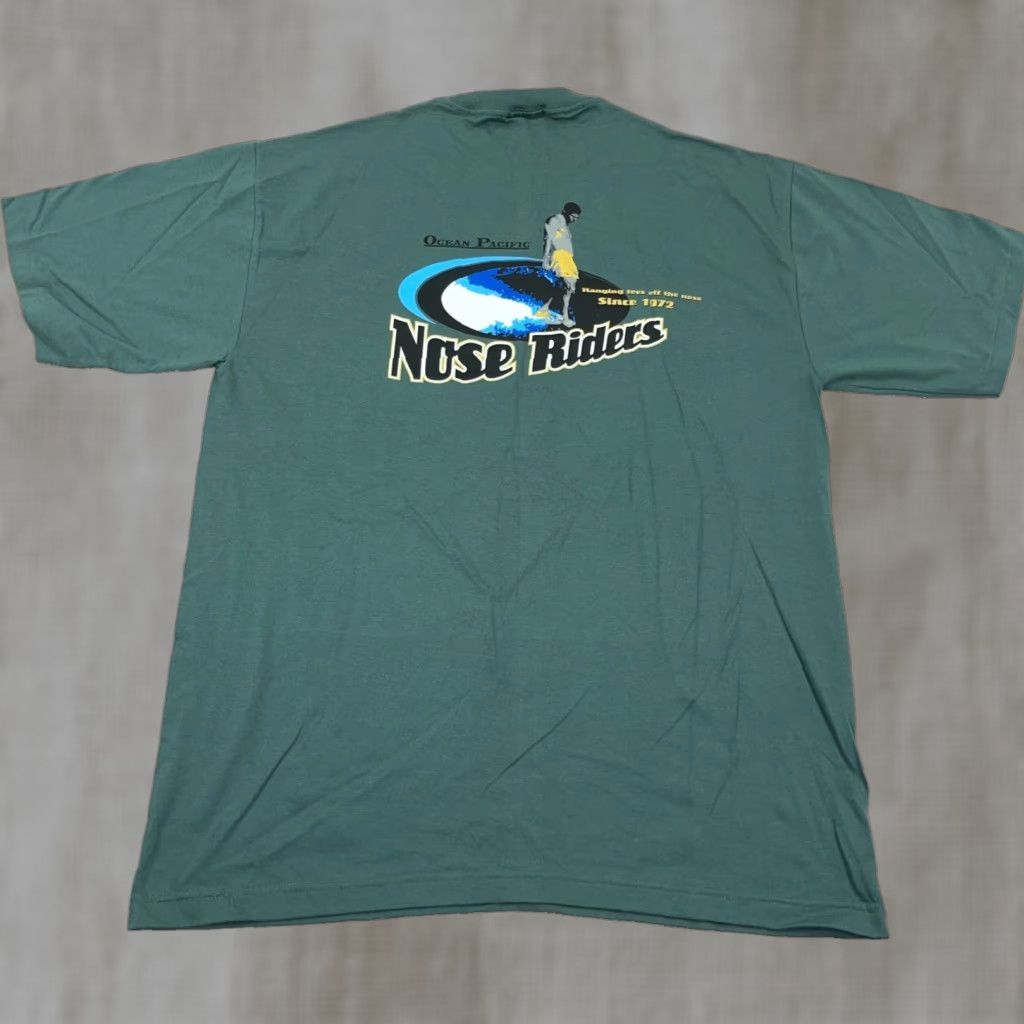VINTAGE Ocean Pacific Shirt Men XL Green Graphic Print 90s Surf Surfing Nose Riders USA Mens XL Green