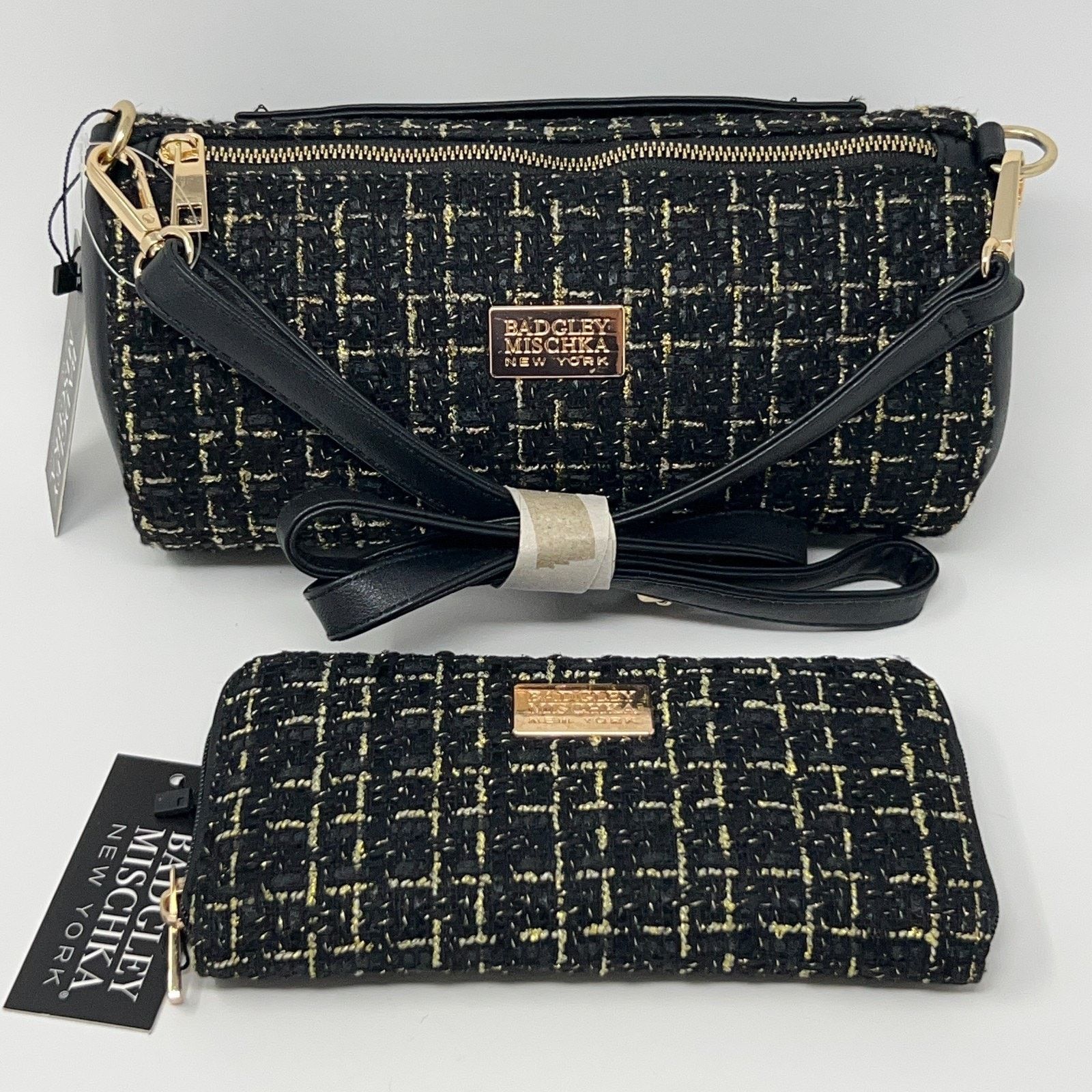 Badgley Mischka Badgley Mischka New York Black Gold Tweed Bag and Wallet Set Size ONE SIZE - 1 Thumbnail