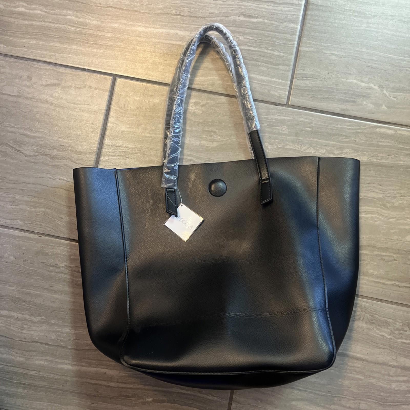 Macys Macy's Black Faux Leather Blue Insides Women's Tote Bag Big Size ONE SIZE - 1 Thumbnail
