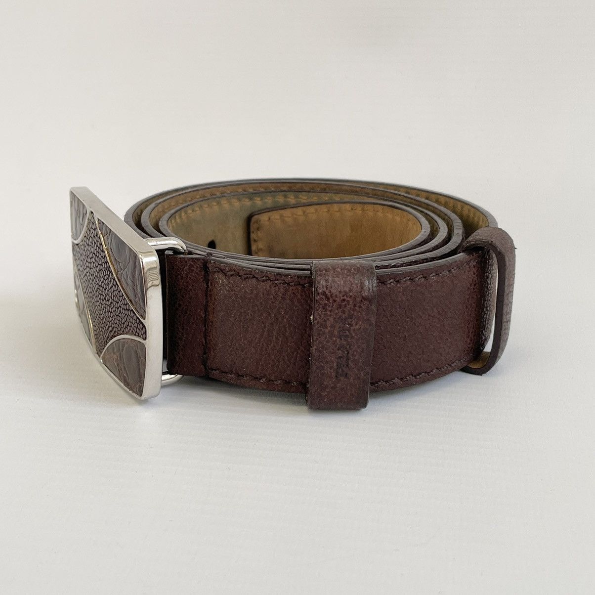 Prada Brown Leather Croc Western Buckle Belt Size 32 - 6 Thumbnail