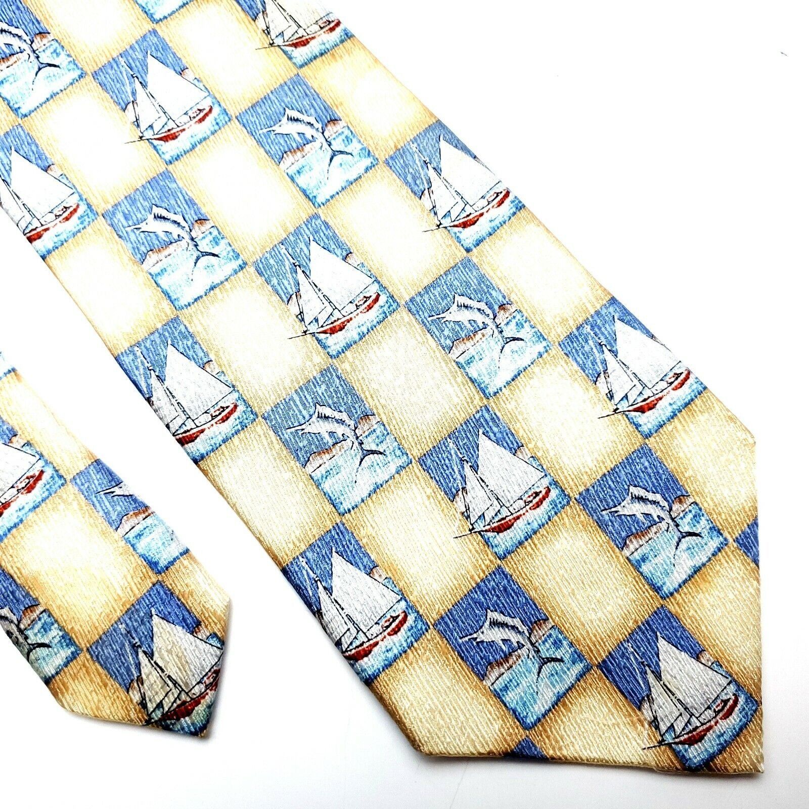 Vintage Tango Silk Tie Print Yellow Blue Wide Sailboat Fish Novelty Size ONE SIZE - 1 Thumbnail