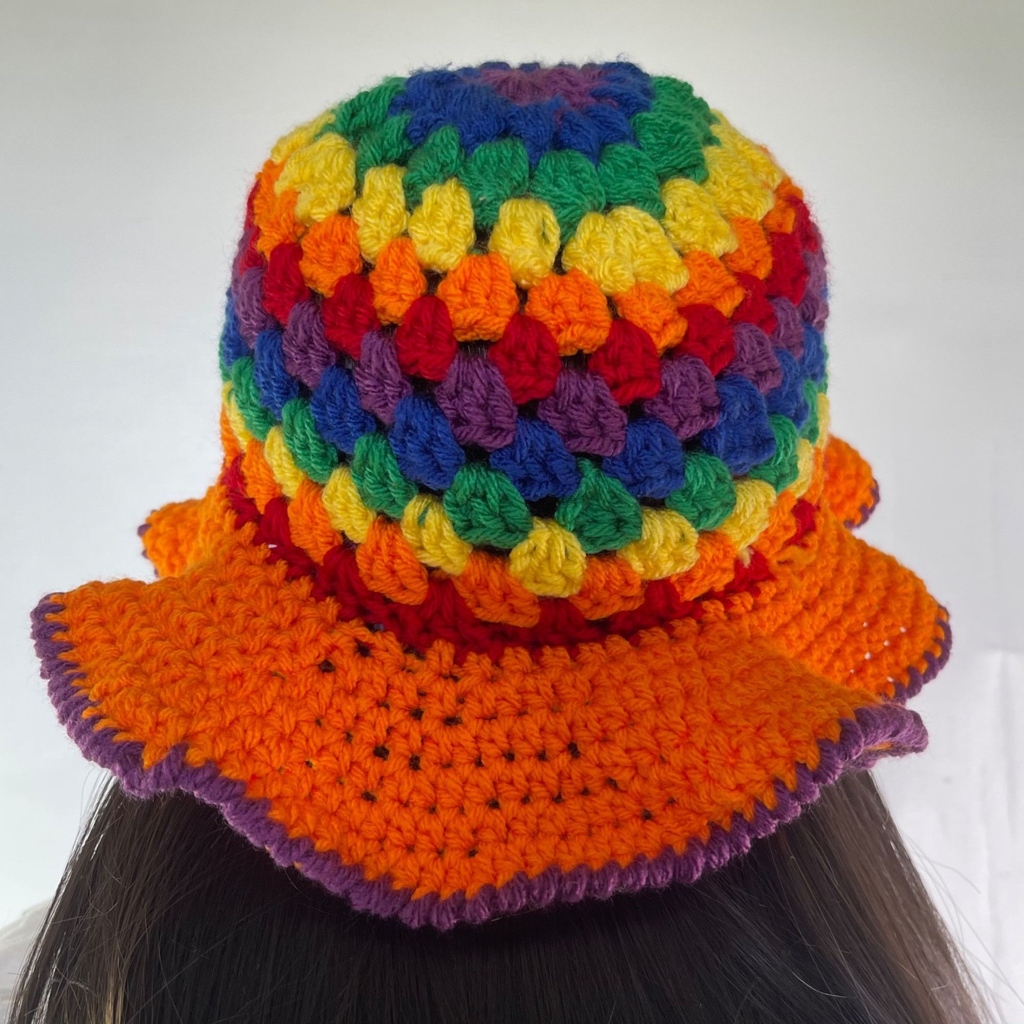 Handmade Crochet Bucket Hat Granny Square Pattern Rainbow Colors Adul Size ONE SIZE - 4 Thumbnail