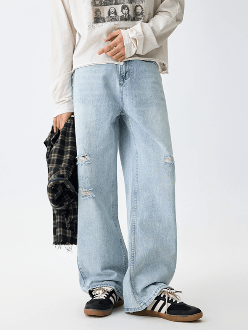 Japanese Brand × Jean Light blue all-match washed ripped loose jeans Size US 32 / EU 48 - 1 Thumbnail