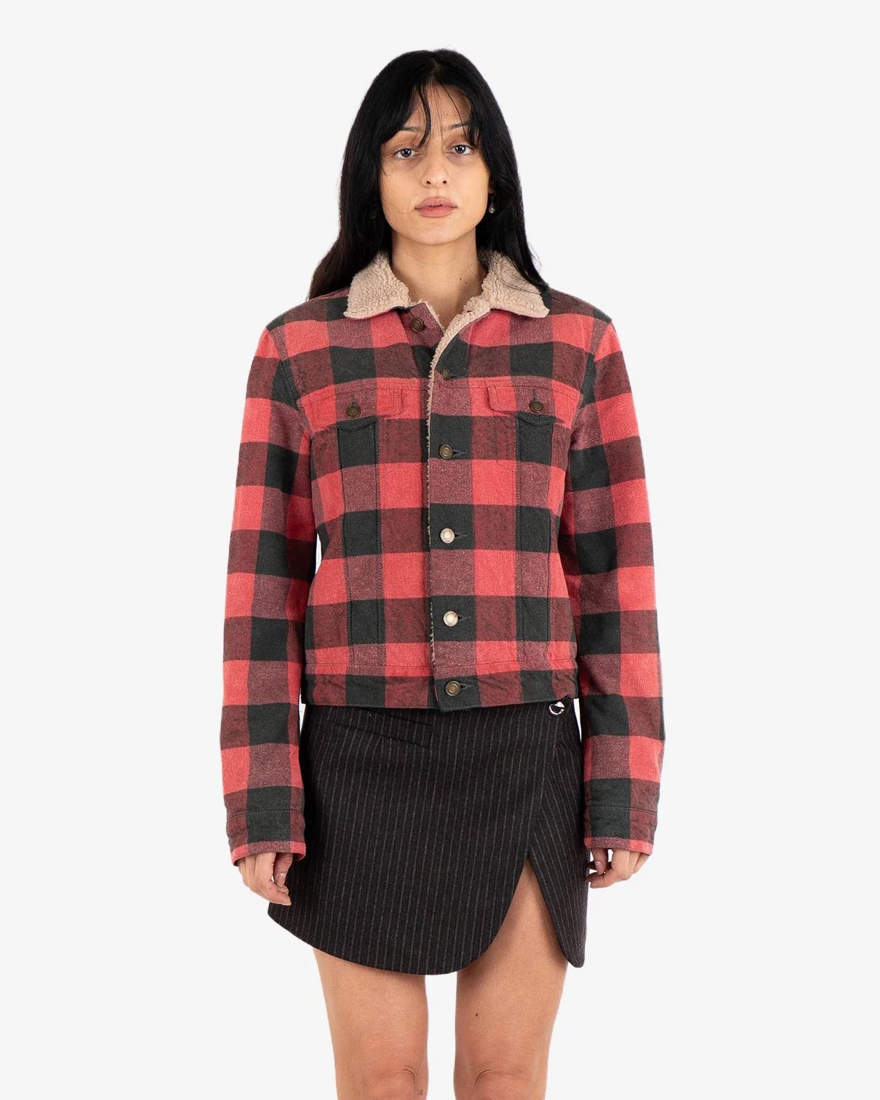Saint Laurent Paris Red Checked Faux Shearling Trucker Jacket Size S / US 4 / IT 40 - 2 Thumbnail