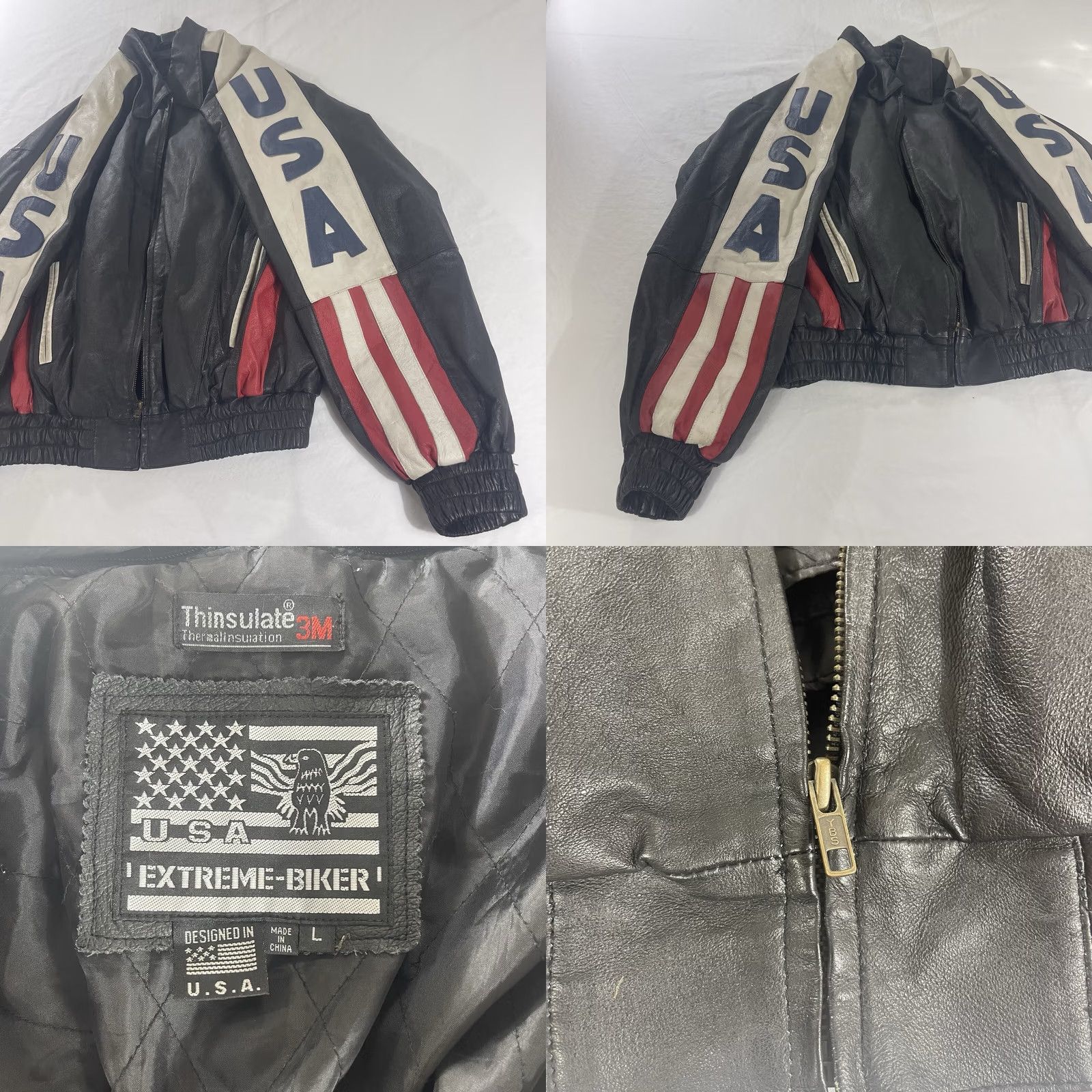 Vintage VINTAGE Extreme Leather Jacket Biker Men's L Black AMERICAN FLAG Pockets Zip 90s Halloween? Size US L / EU 52-54 / 3 - 9 Thumbnail