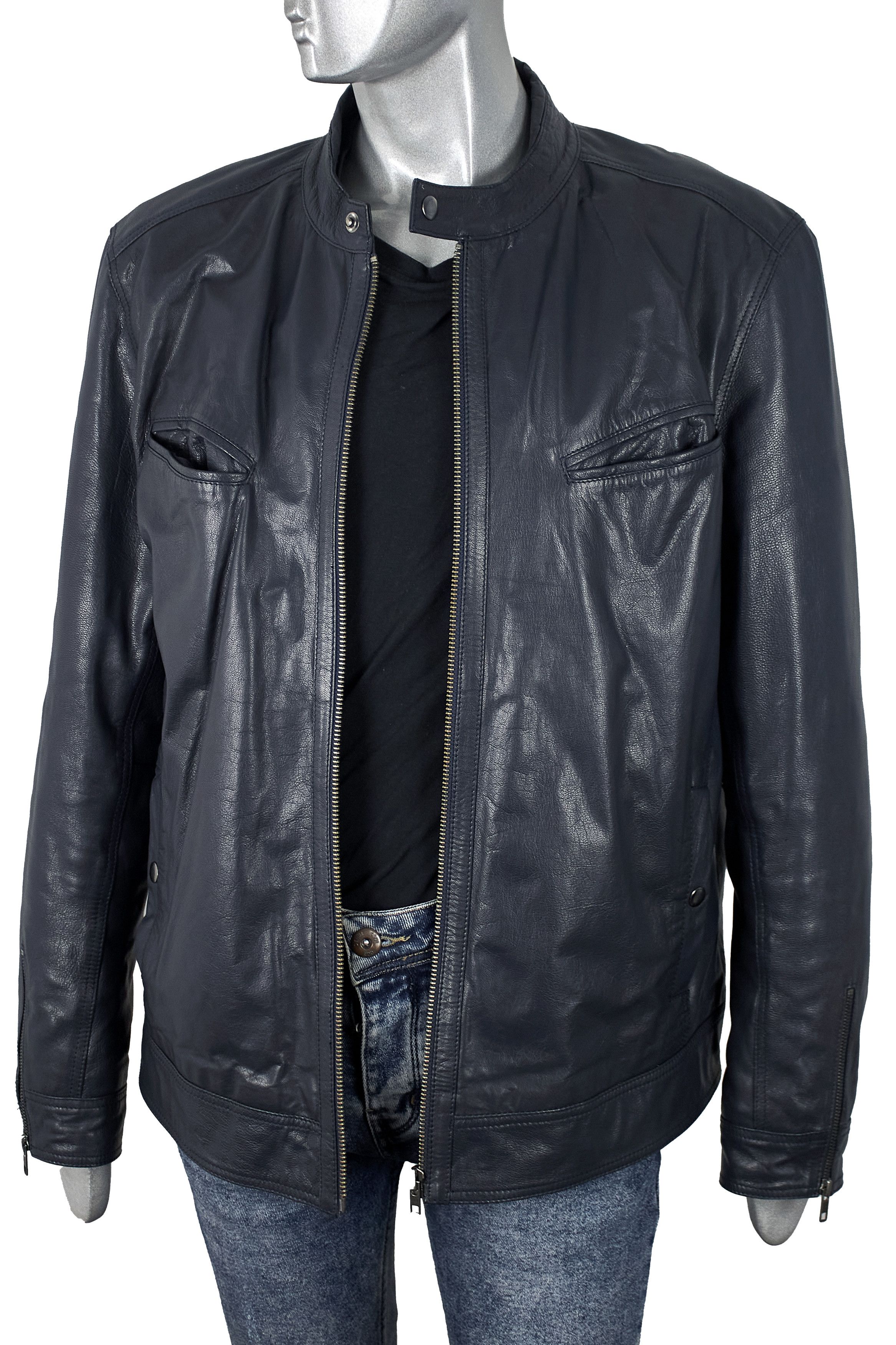 Asos Asos men's dark blue leather cafe racer jacket Size US XL / EU 56 / 4 - 6 Thumbnail