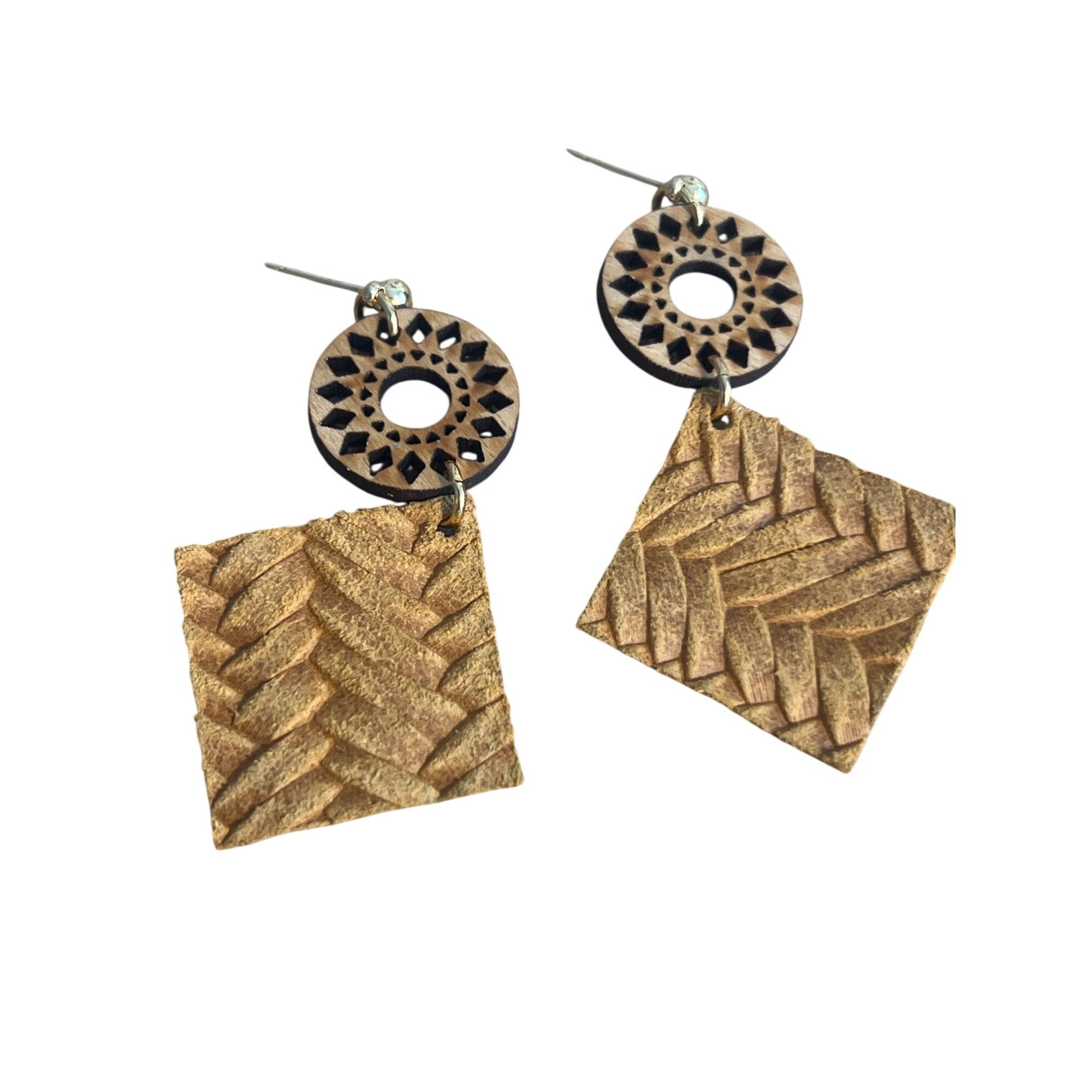 Other Leather Mandala Dangle Earrings Laser Cut Wood Pierced Gold Size ONE SIZE - 3 Thumbnail